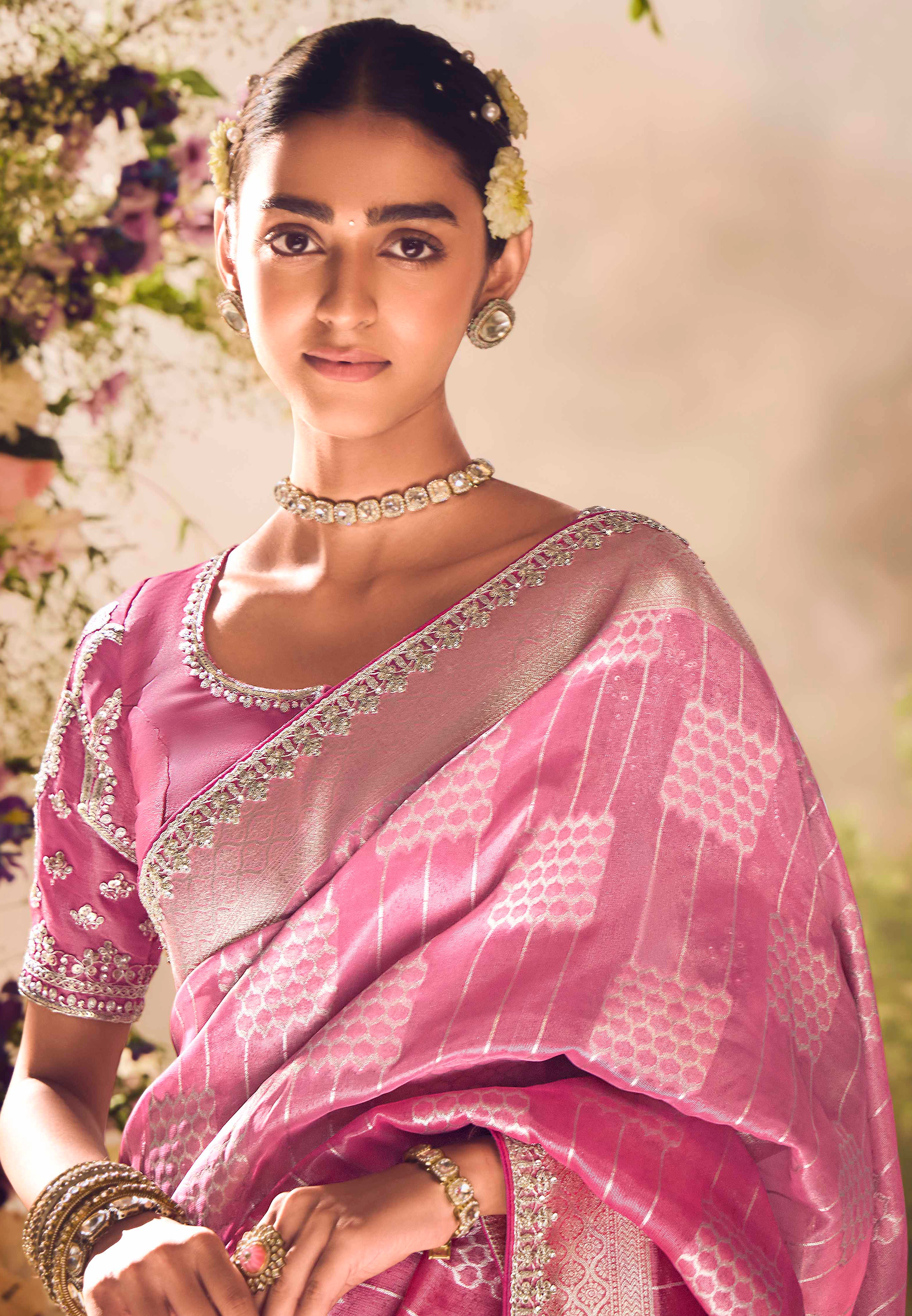 Pink Saree With Jacquard Woven Work with Embroidered Lace Border