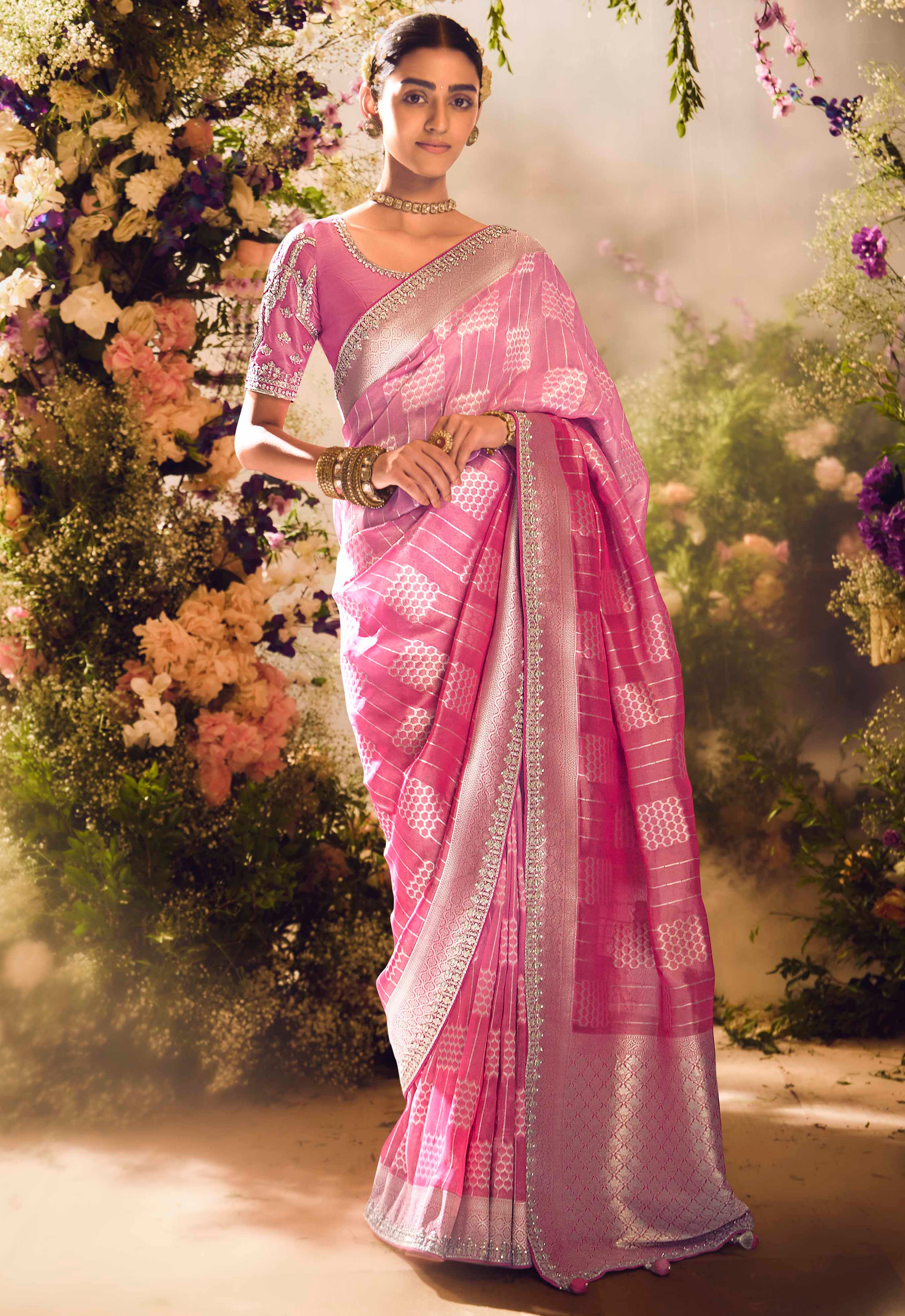 Pink Saree With Jacquard Woven Work with Embroidered Lace Border