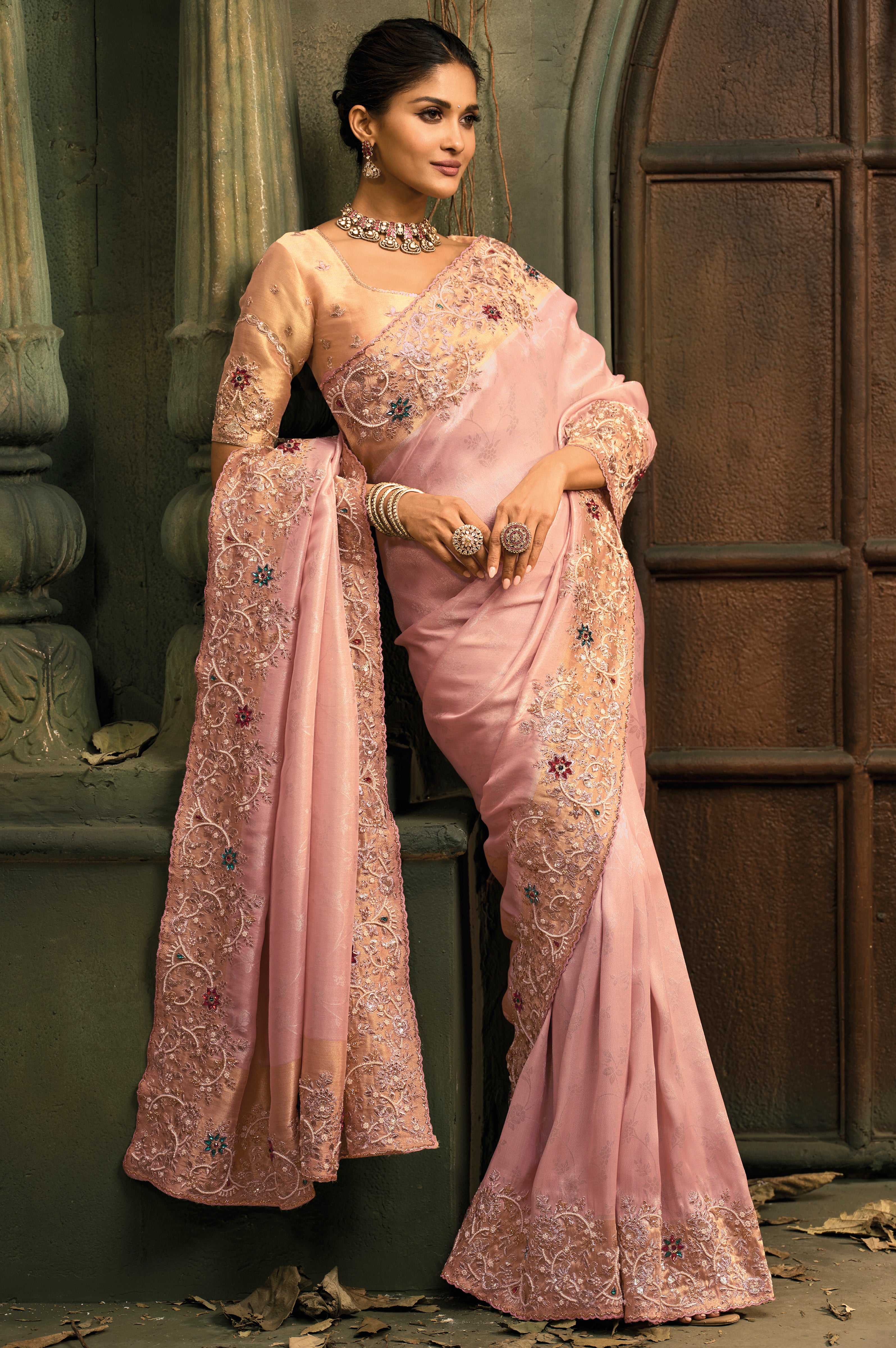 Pink Saree With Jari, Moti, Cut-Dana With Emerald Heavy Work