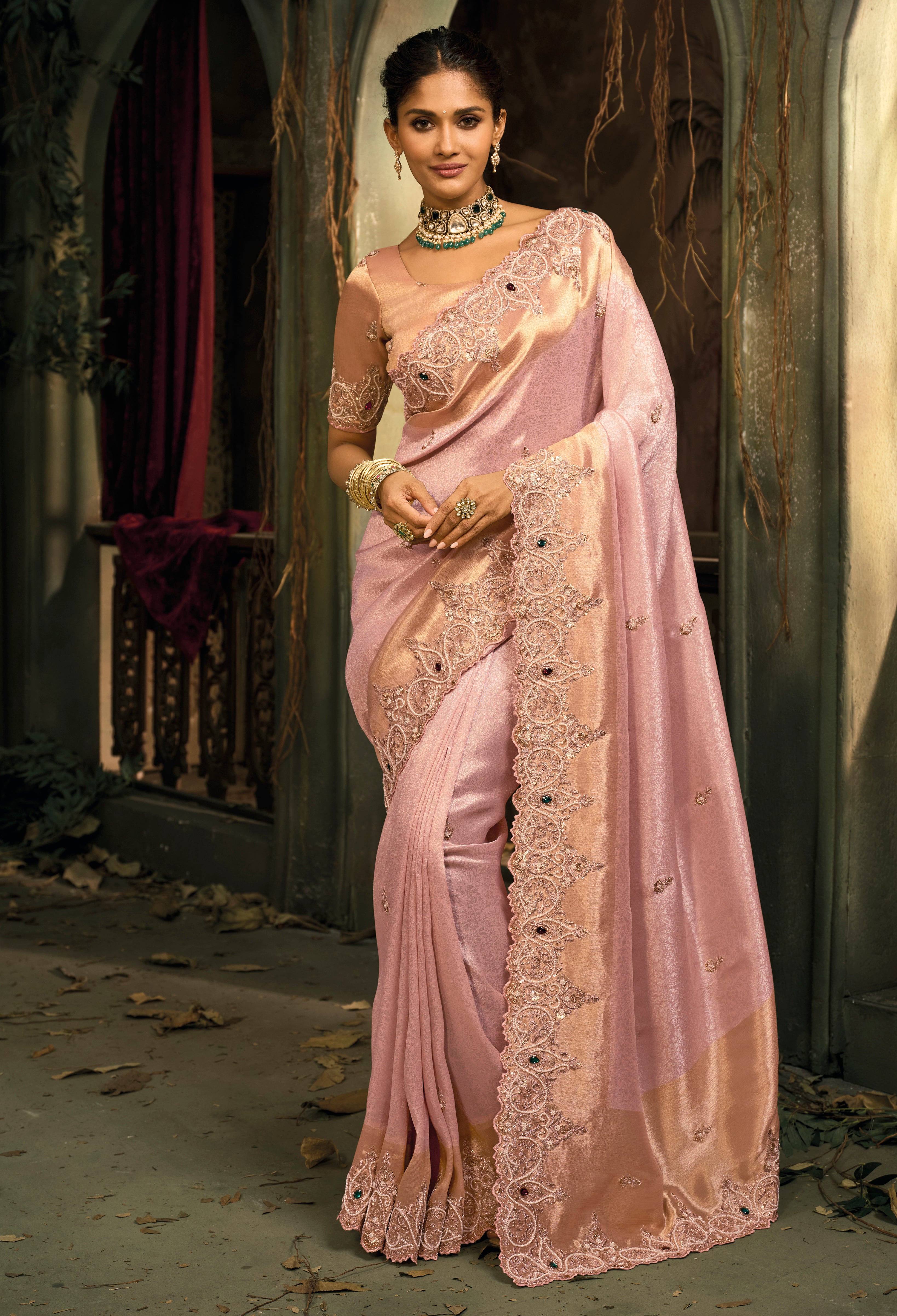 Pink Saree With Jari, Moti, Cut-Dana With Emerald Heavy Work