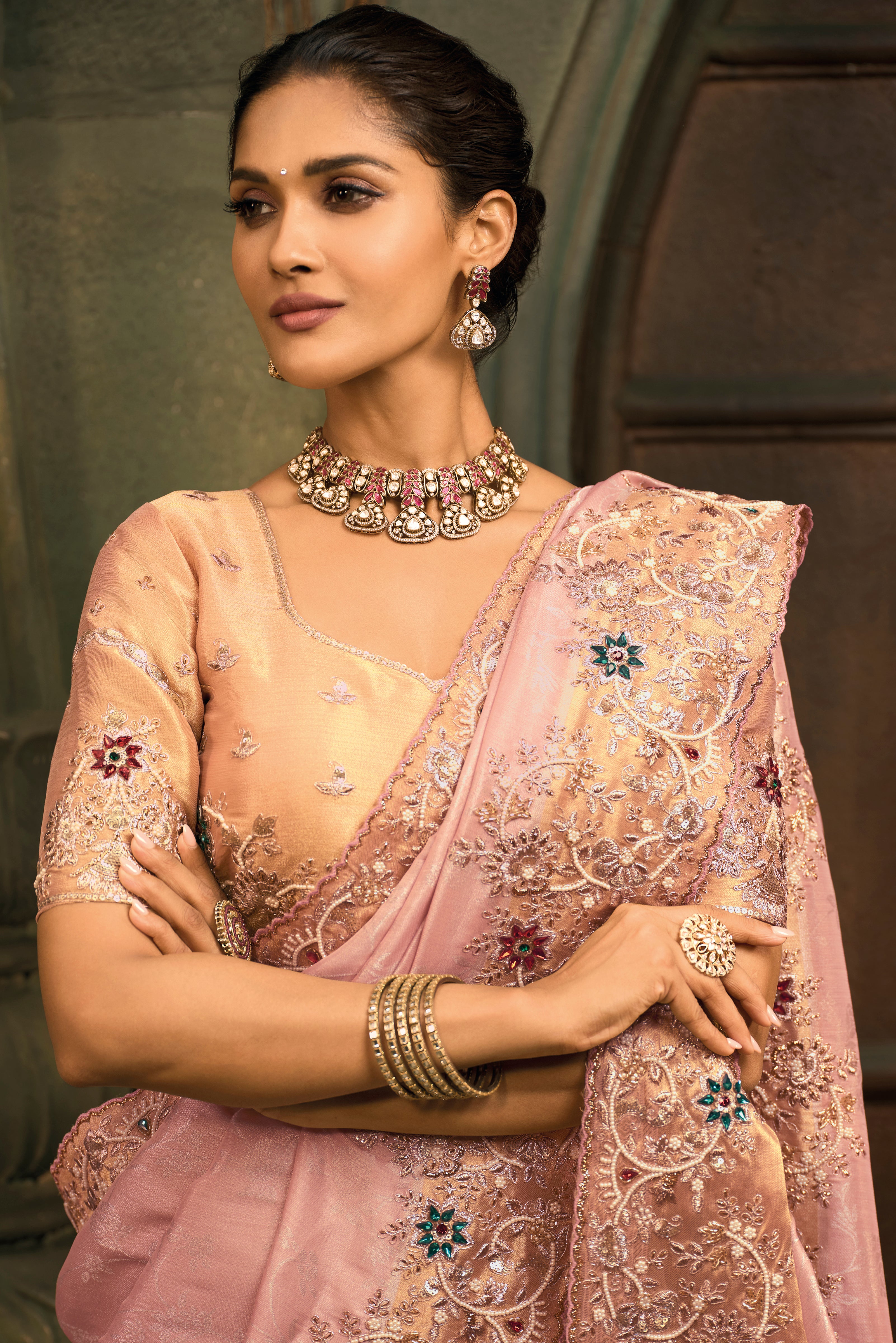 Pink Saree With Jari, Moti, Cut-Dana With Emerald Heavy Work
