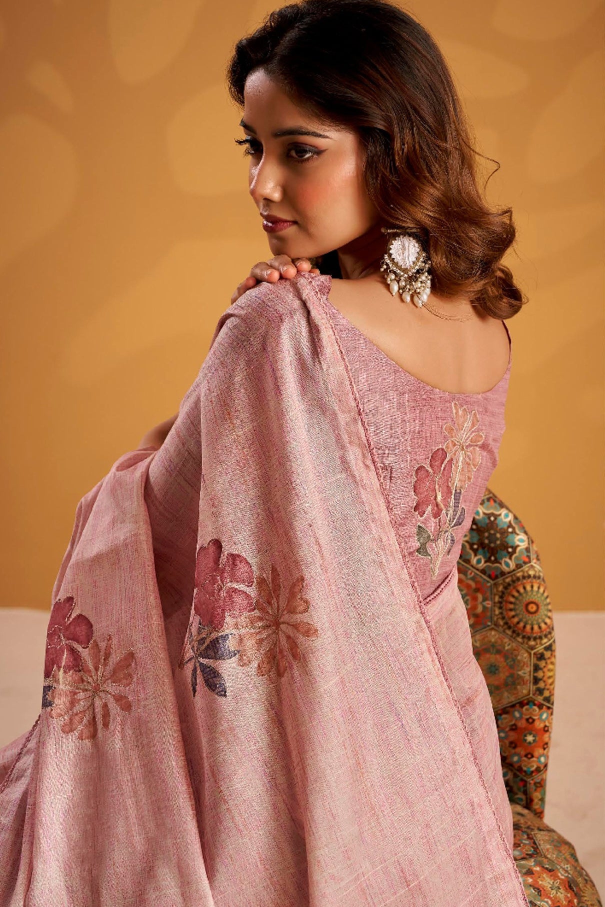Pink Saree With Printed With Kasheeda work