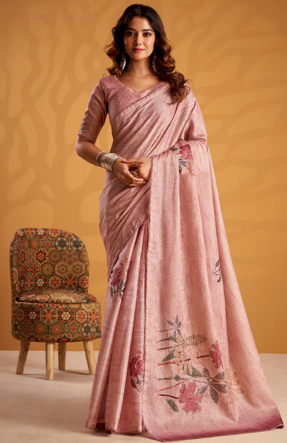 Pink Saree With Printed With Kasheeda work