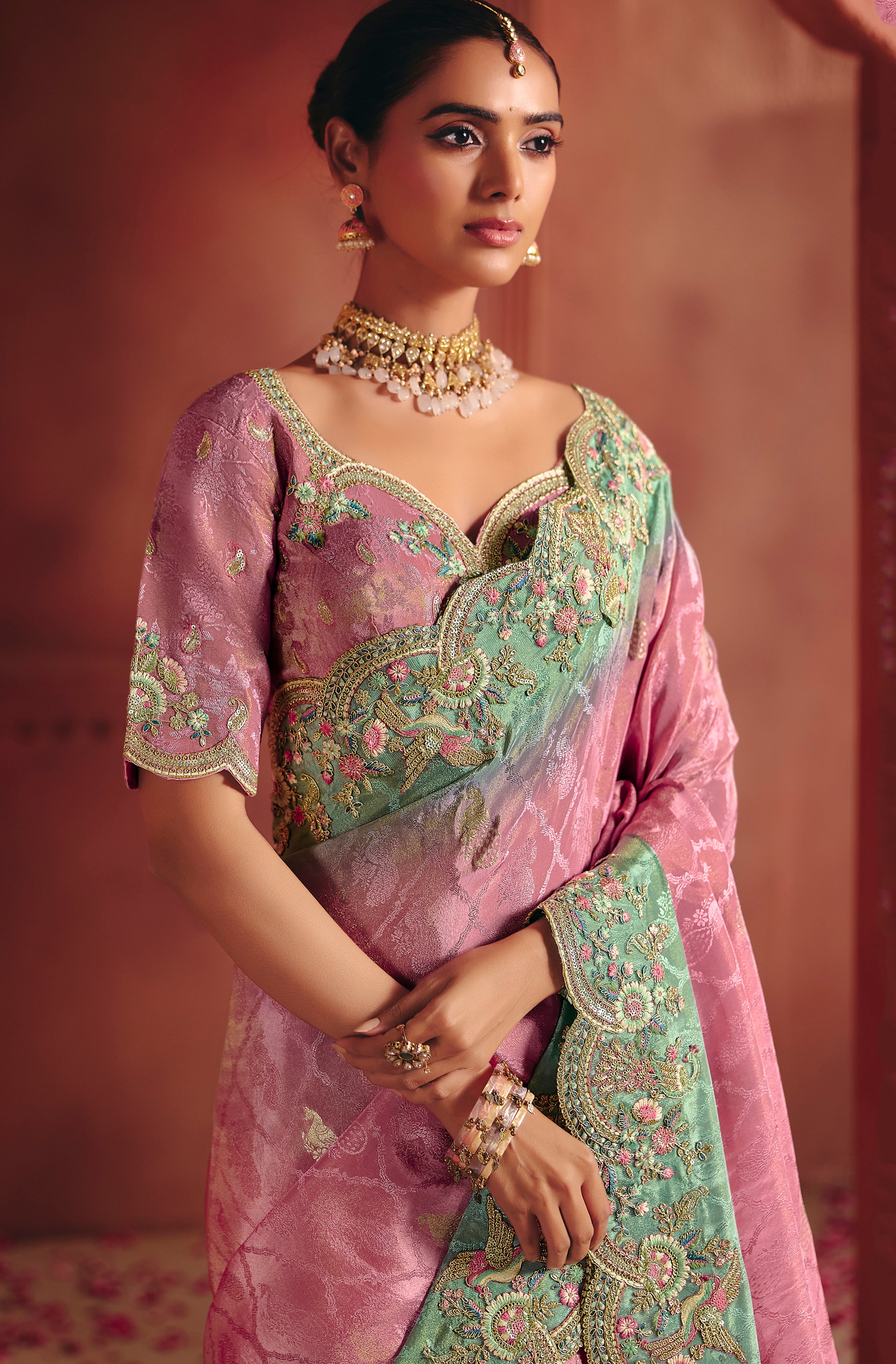 Pink Saree With Sequin, Thread, Weaving Heavy Embroidery Work With Heavy Embroidery Work Blouse
