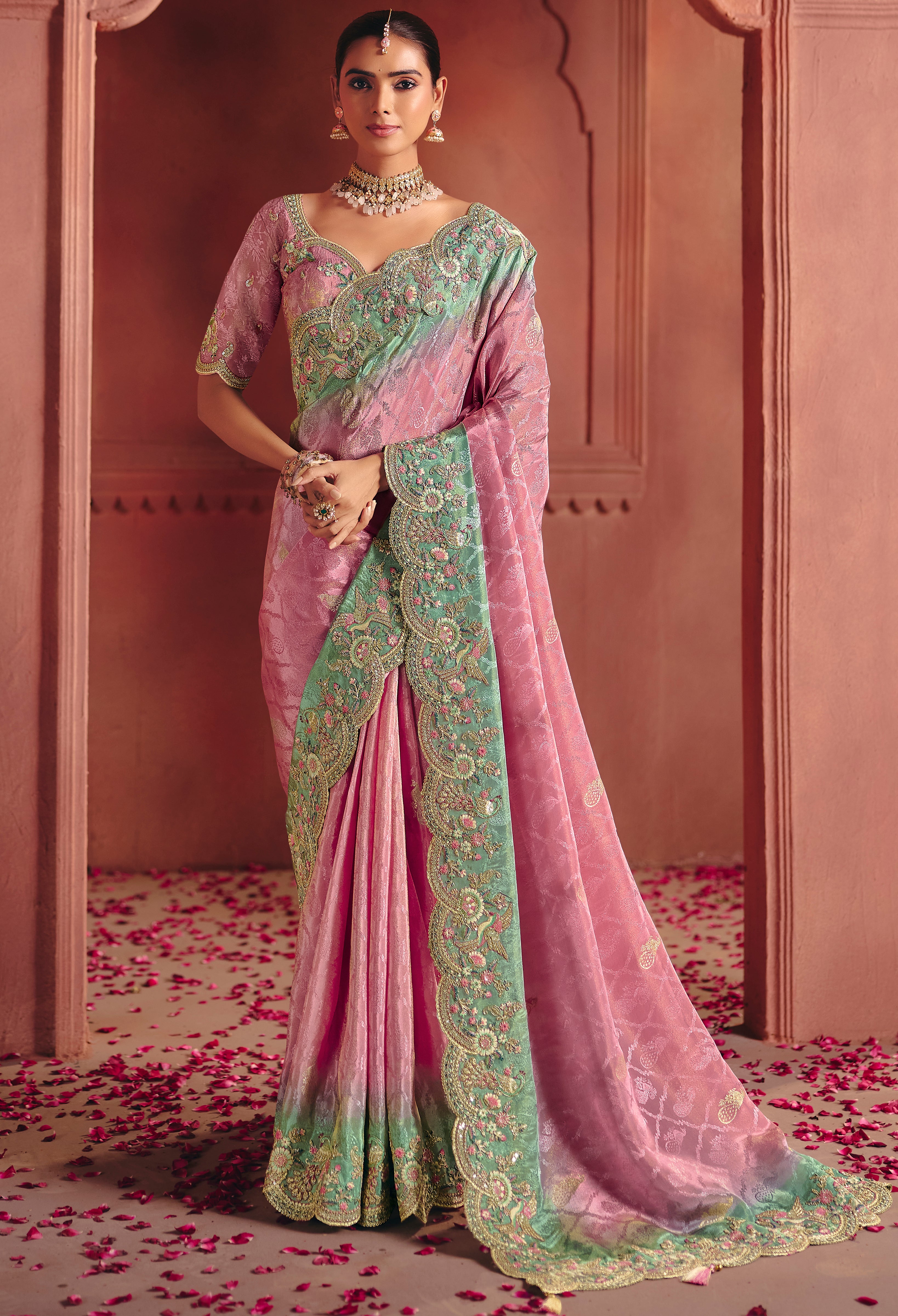 Pink Saree With Sequin, Thread, Weaving Heavy Embroidery Work With Heavy Embroidery Work Blouse