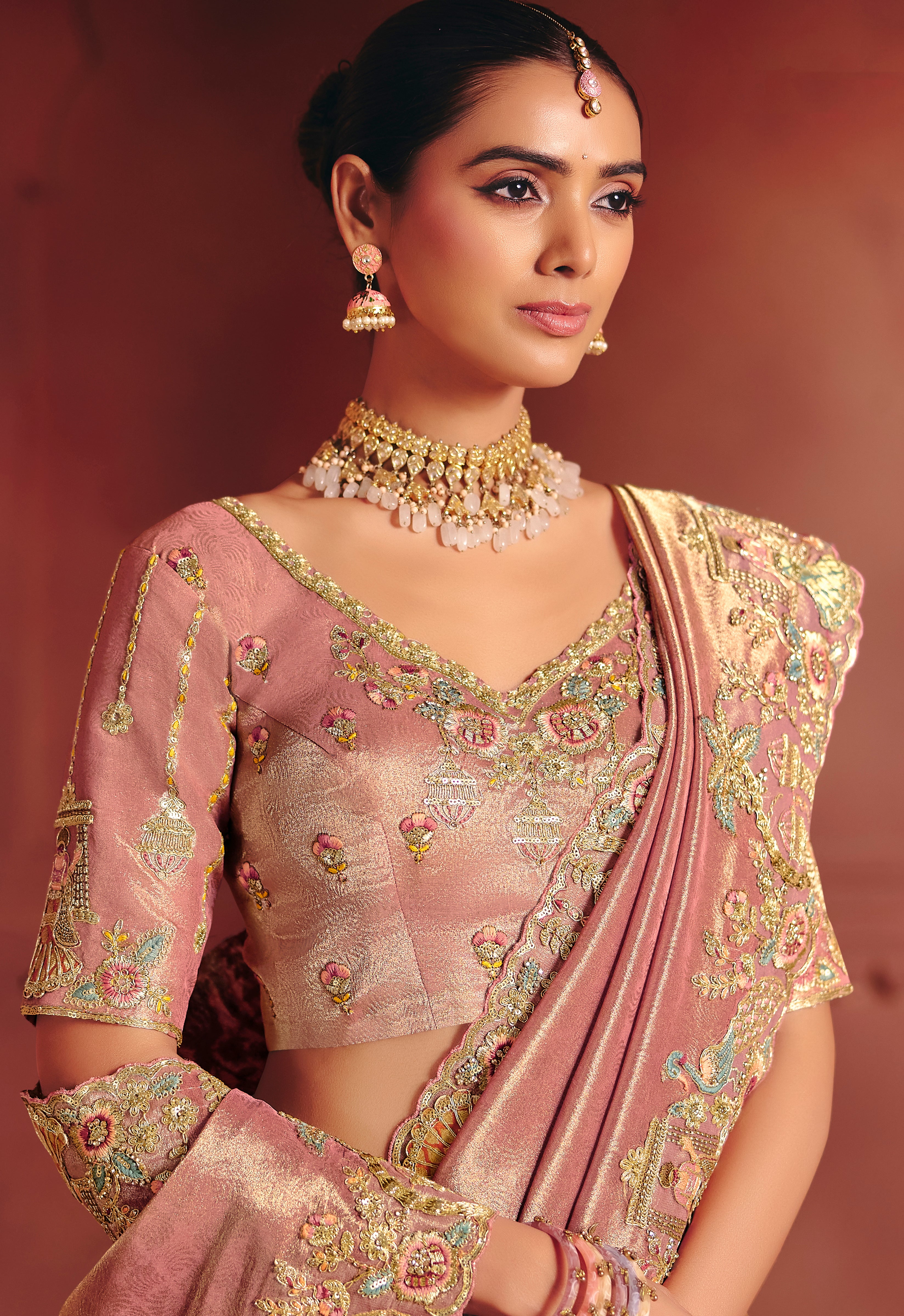 Pink Saree With Sequin, Thread, Weaving Heavy Embroidery Work With Heavy Embroidery Work Blouse