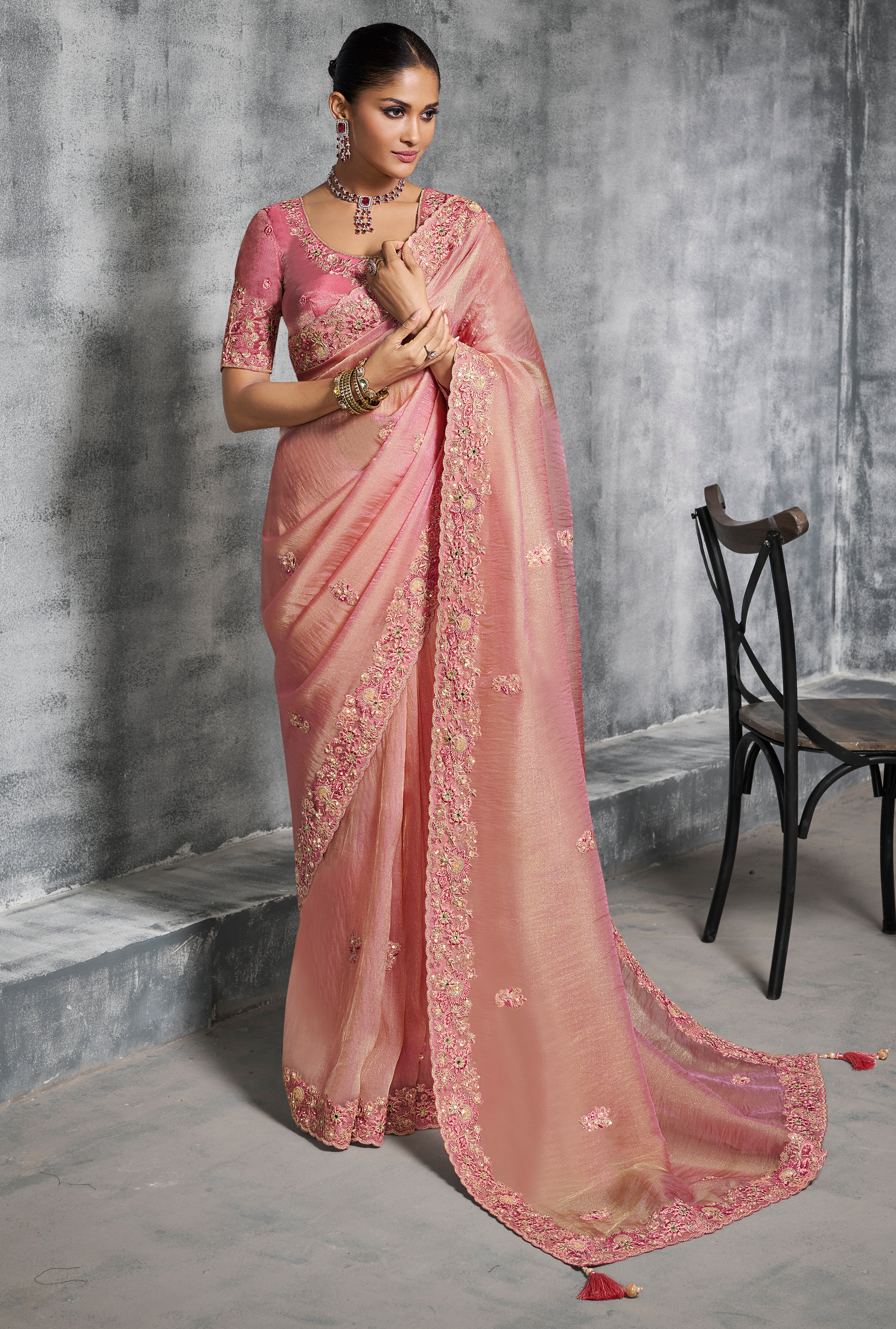 Pink Saree With Thread Embroidery Work ,Hand-Finished Stone & Mirror work With Embroidery Blouse