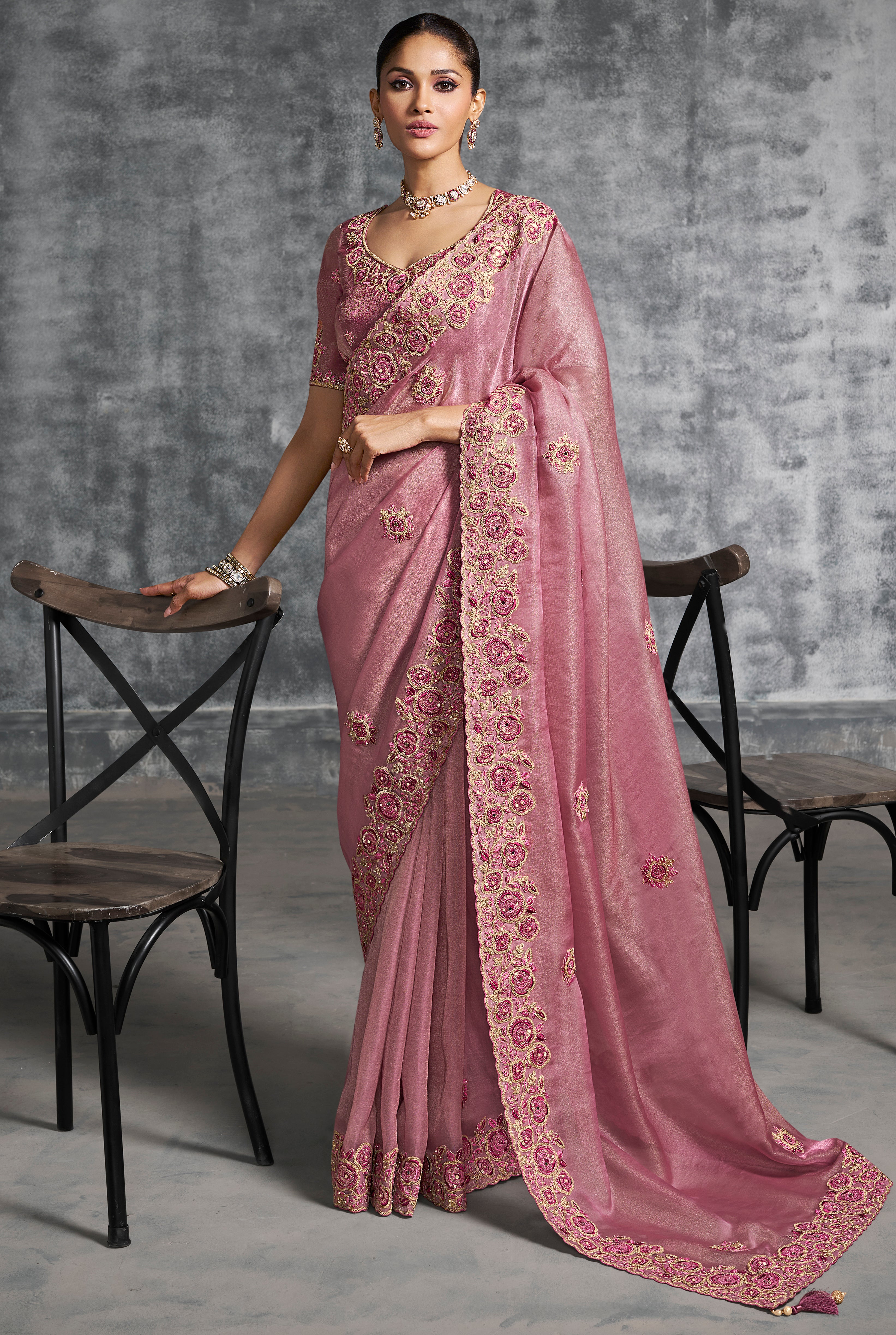 Pink Saree With Thread Embroidery Work ,Hand-Finished Stone & Mirror work With Embroidery Blouse