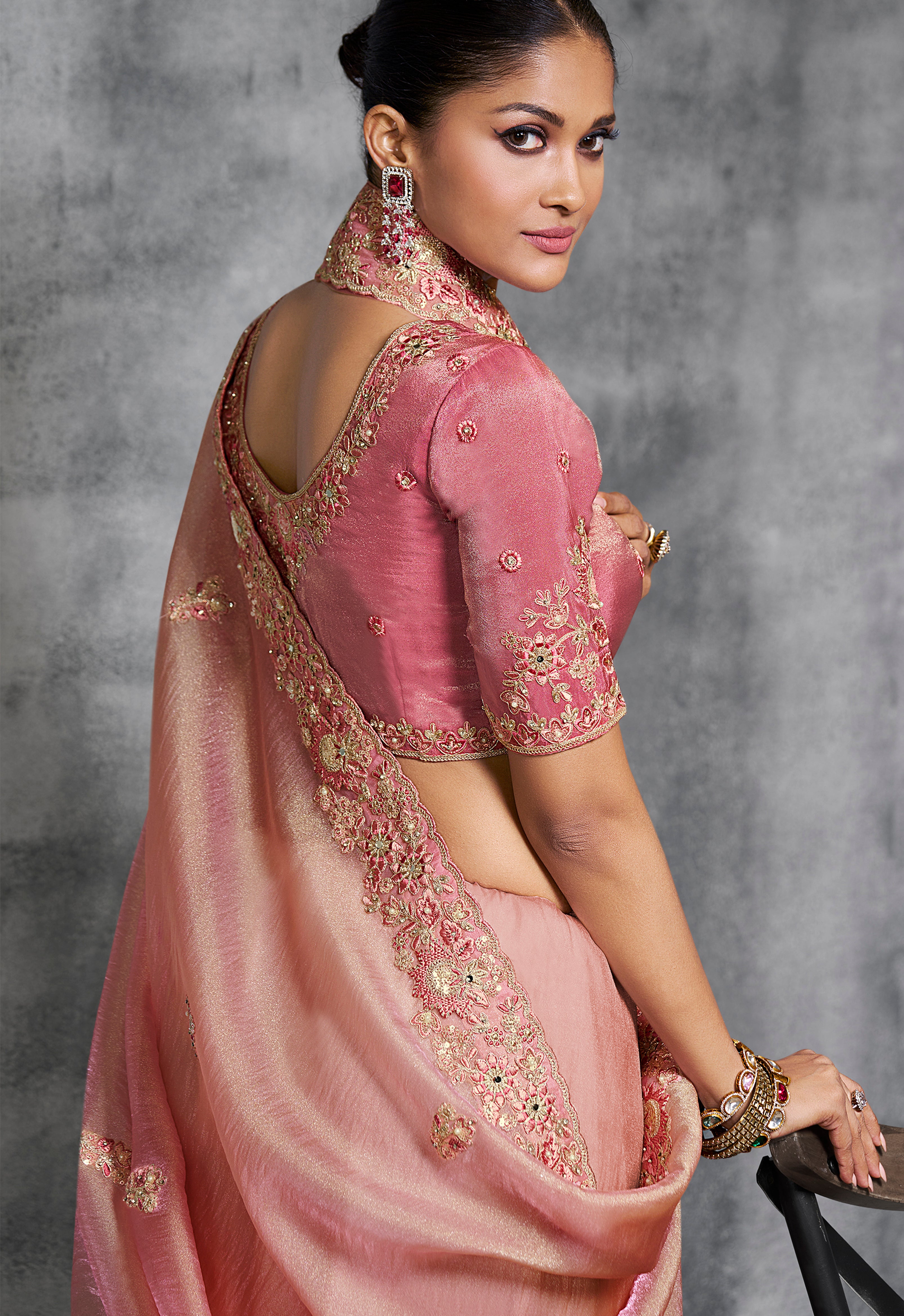 Pink Saree With Thread Embroidery Work ,Hand-Finished Stone & Mirror work With Embroidery Blouse