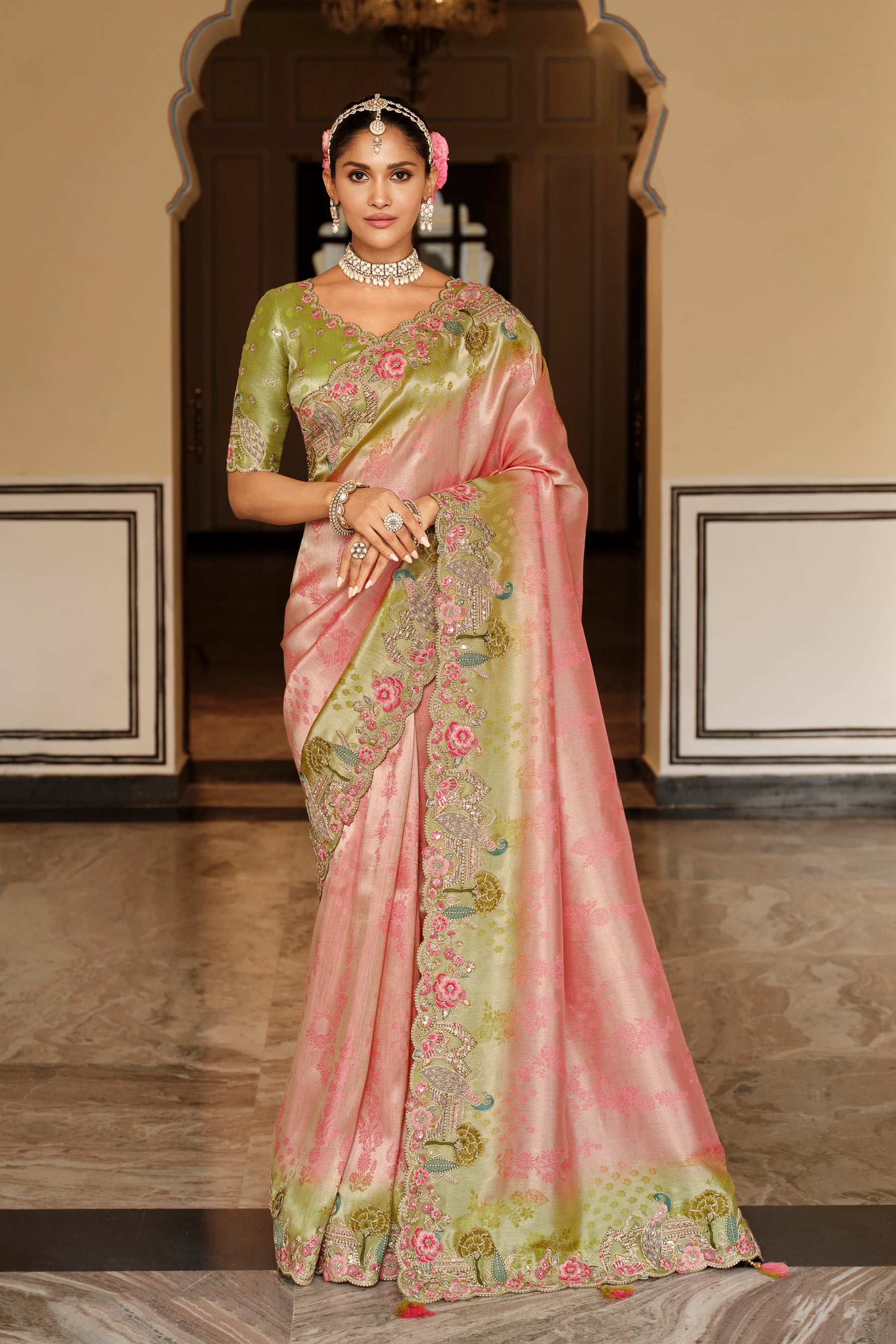Pink Saree With Zari weaving With Heavy Thread Embroidery With khatli work