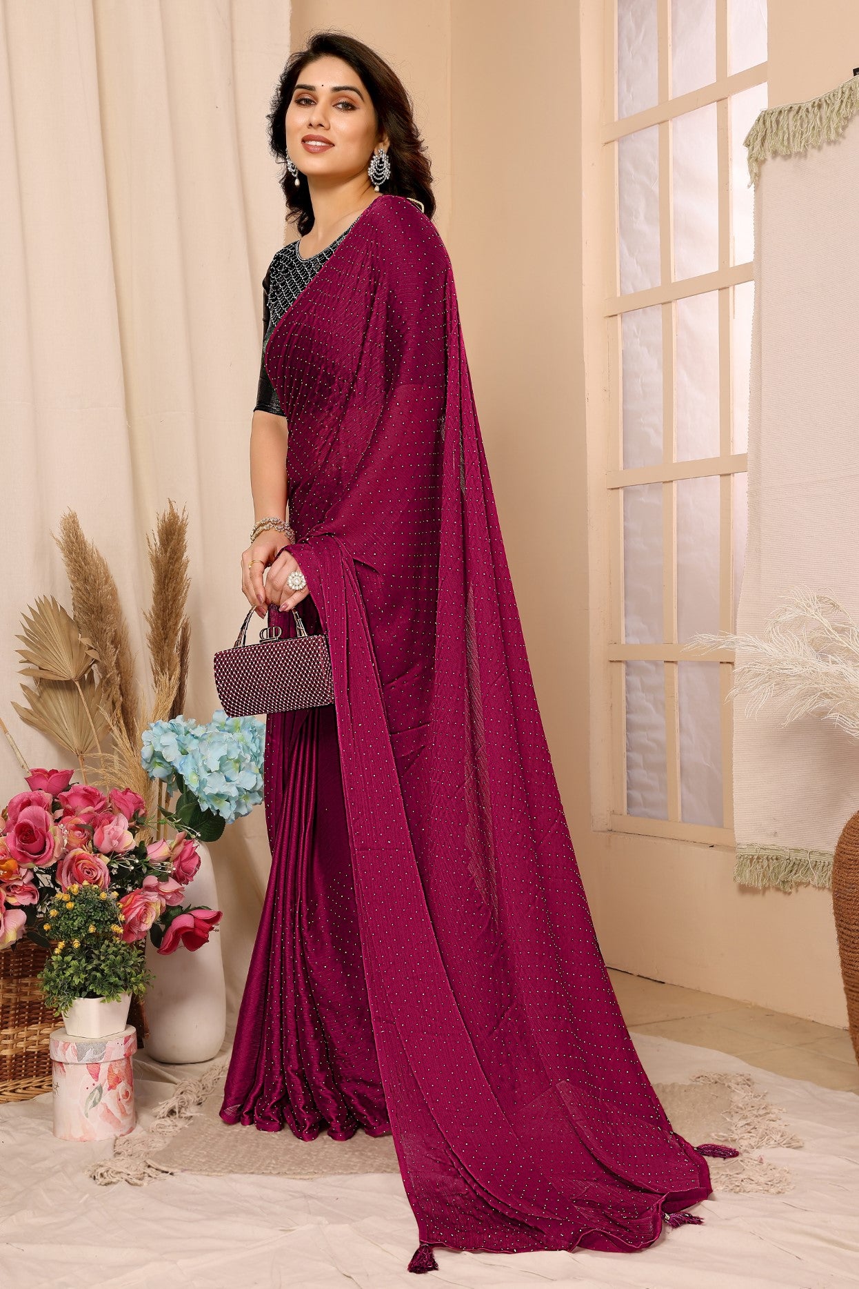 Pink Satin Chiffon Saree With Stone Work Saree And Stone Work Blouse