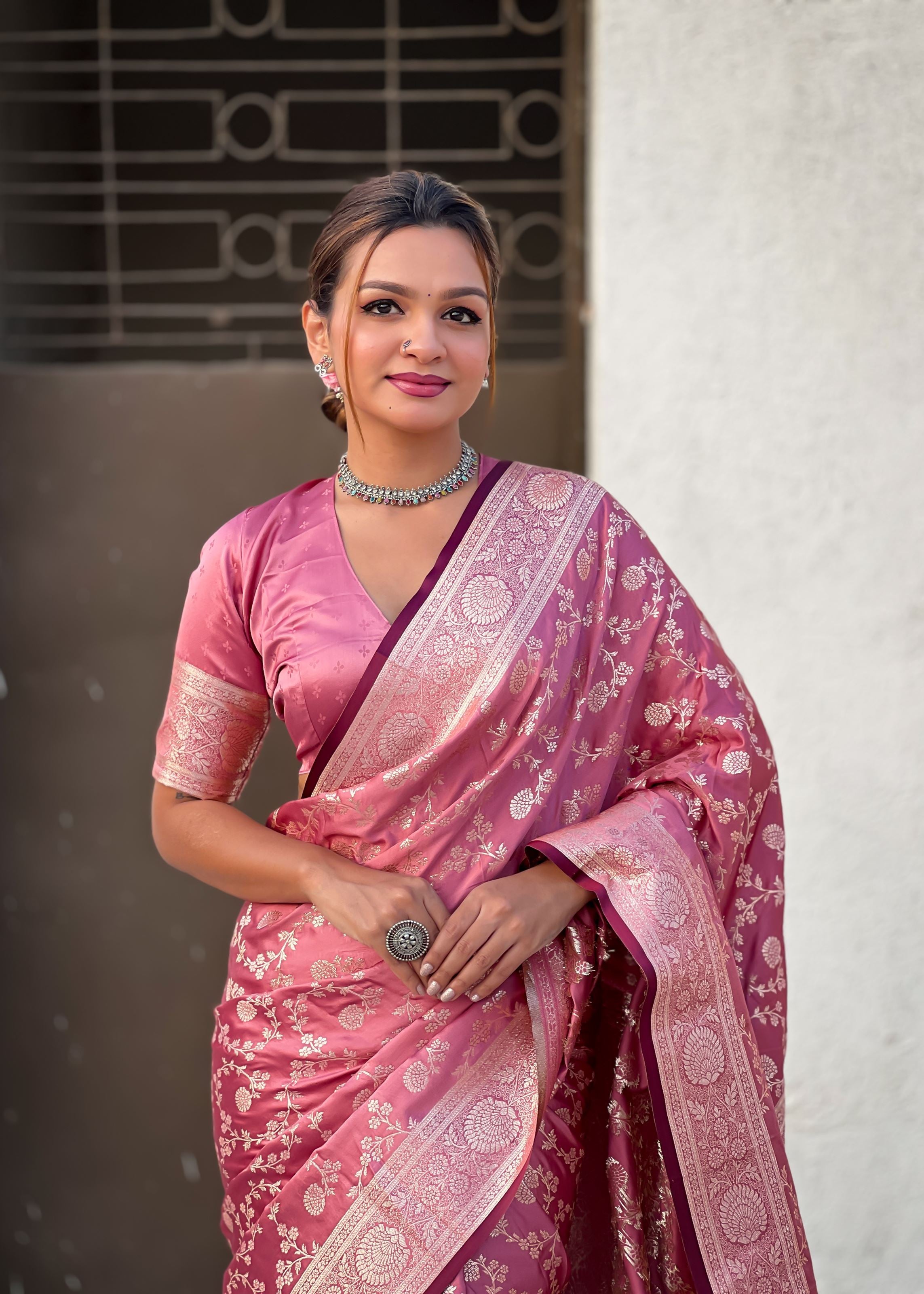 Pink Satin Saree With Zari and Woven Work