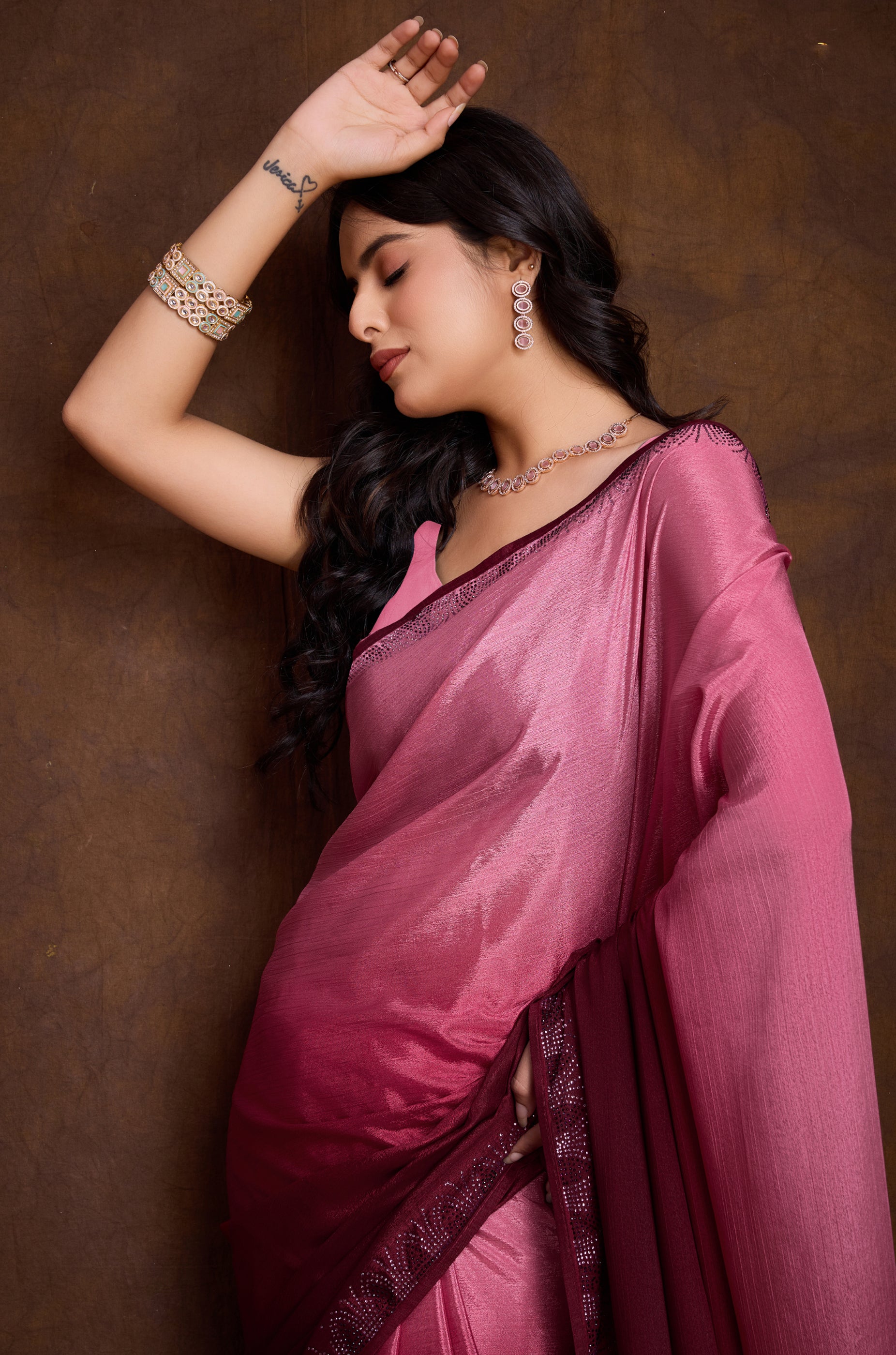 Pink Shaded Chinon Saree with Designer Swarovski Border Work