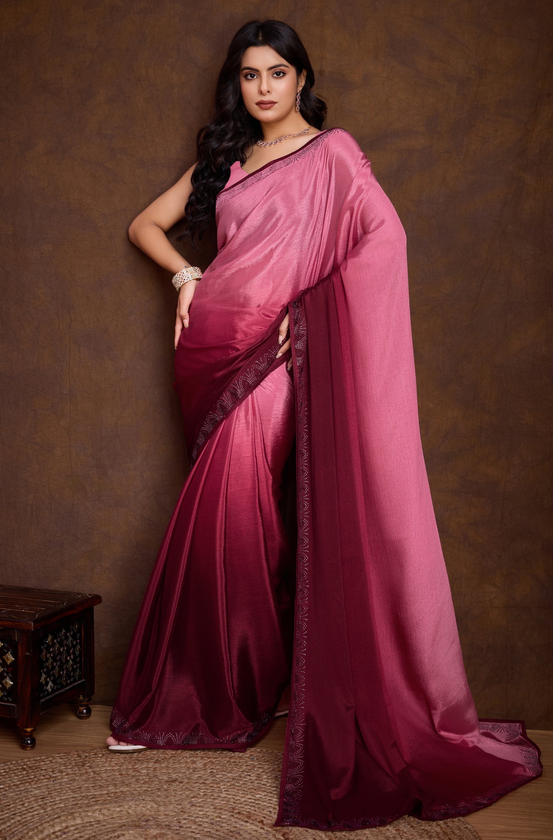 Pink Shaded Chinon Saree with Designer Swarovski Border Work