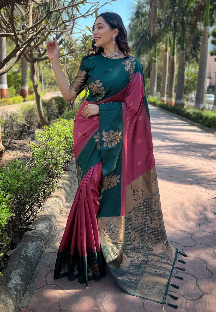 Pink Silk Blend Saree With Floral Border Zari Woven Work