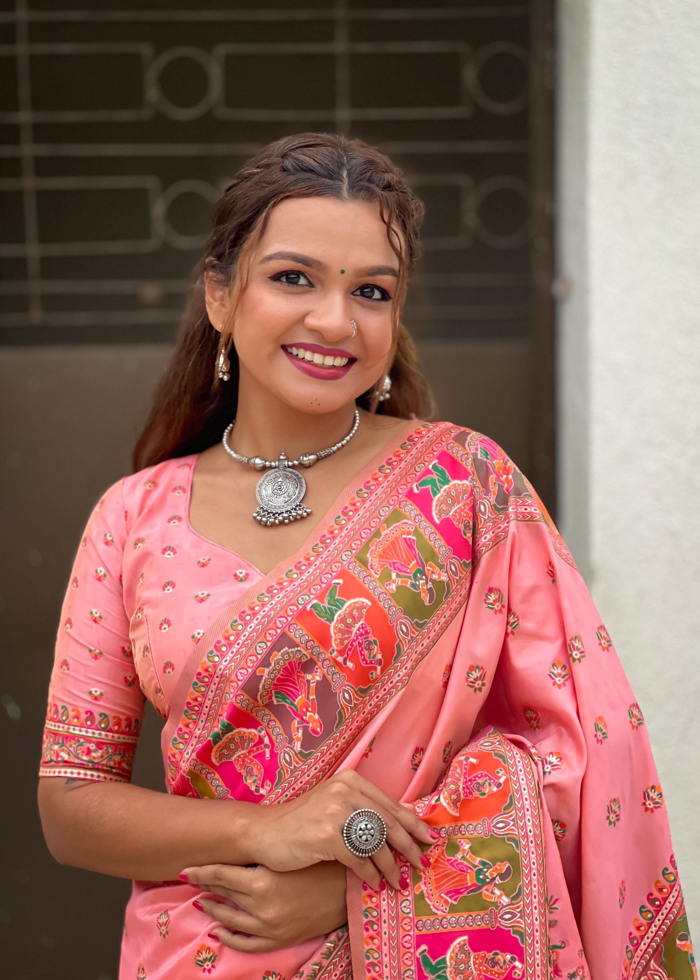 Pink Silk Blend Saree With Meenakari Kashmiri woven Work