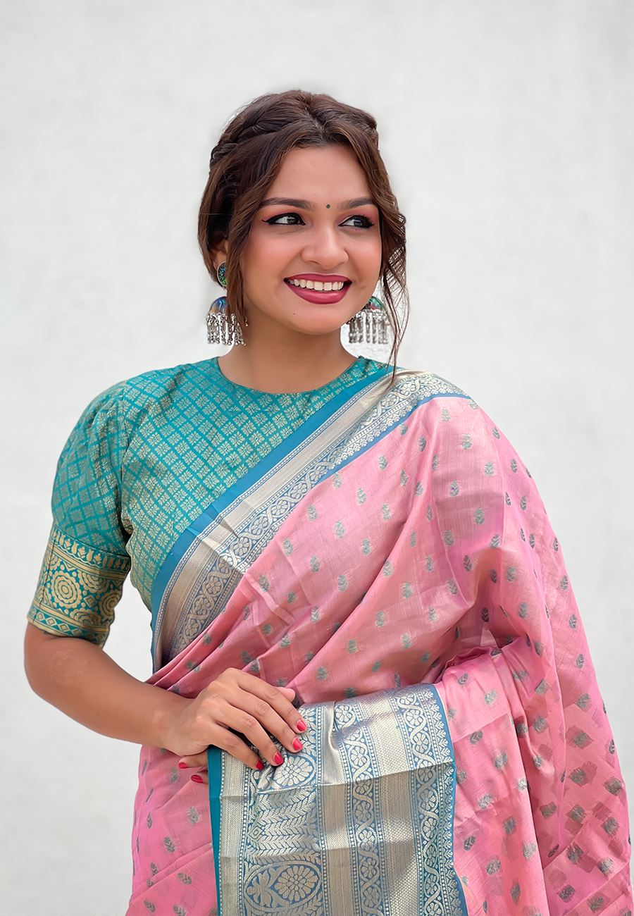 Pink Silk Blend South Indian Kanchipuram Saree