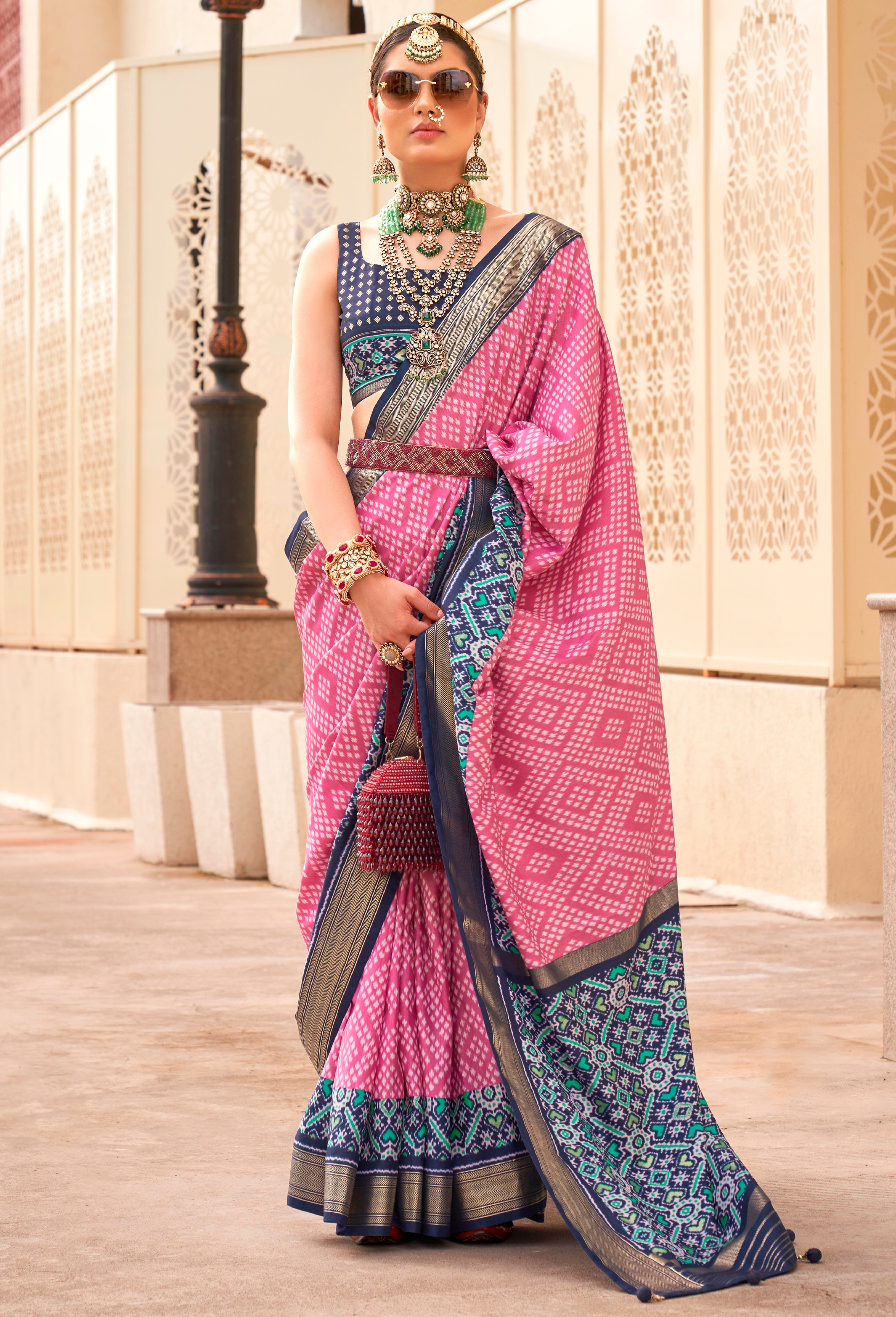 Pink Silk Saree With Digital Patola Print