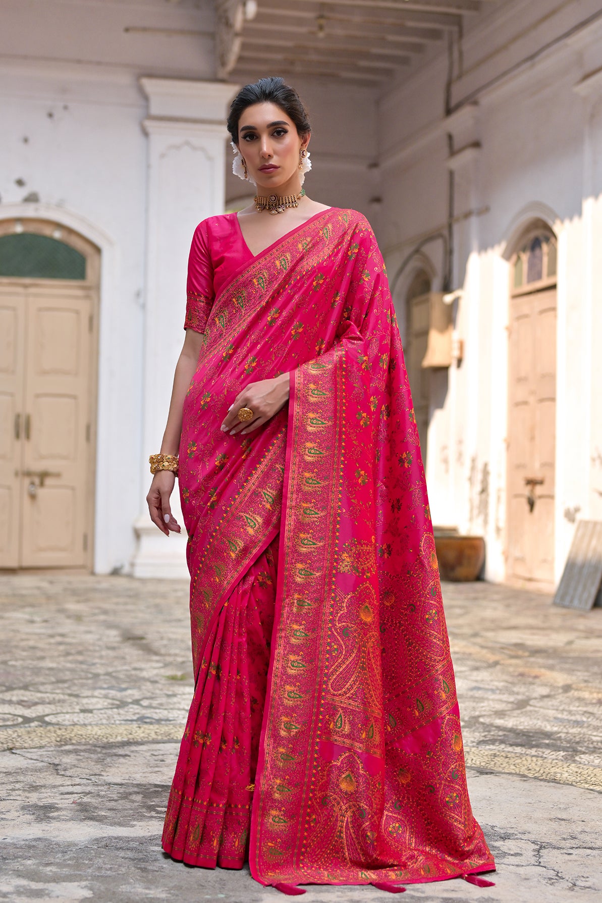 Pink Silk Saree with Thread Jal and Floral Weaves