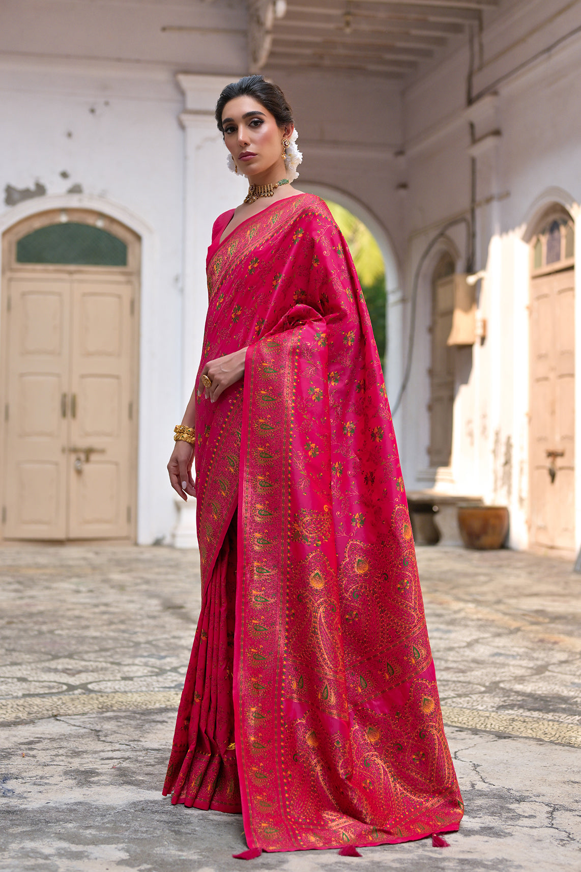Pink Silk Saree with Thread Jal and Floral Weaves