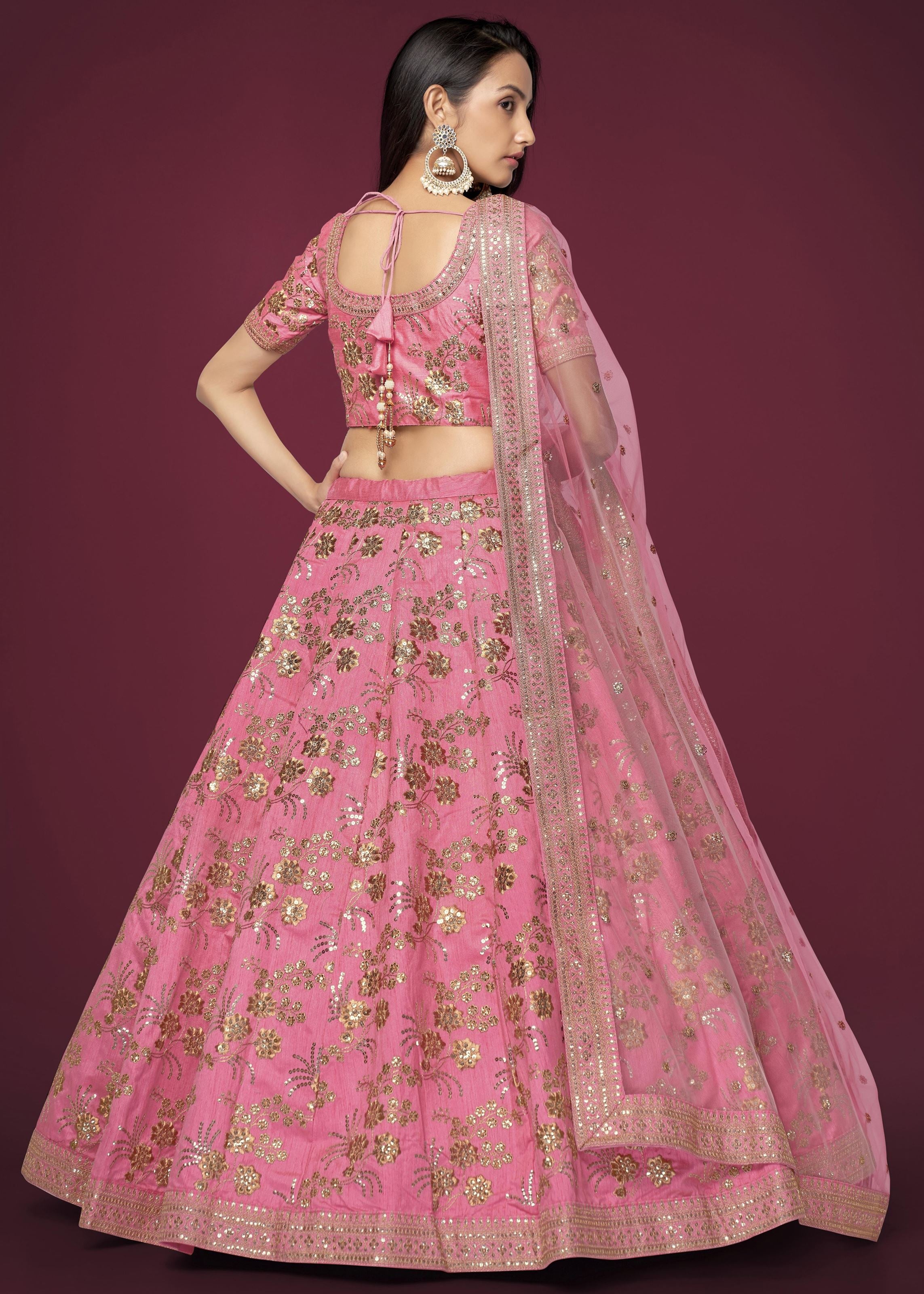 Pink Slub Silk Lehenga Choli With Zari Sequins and Dori Embroidery Work