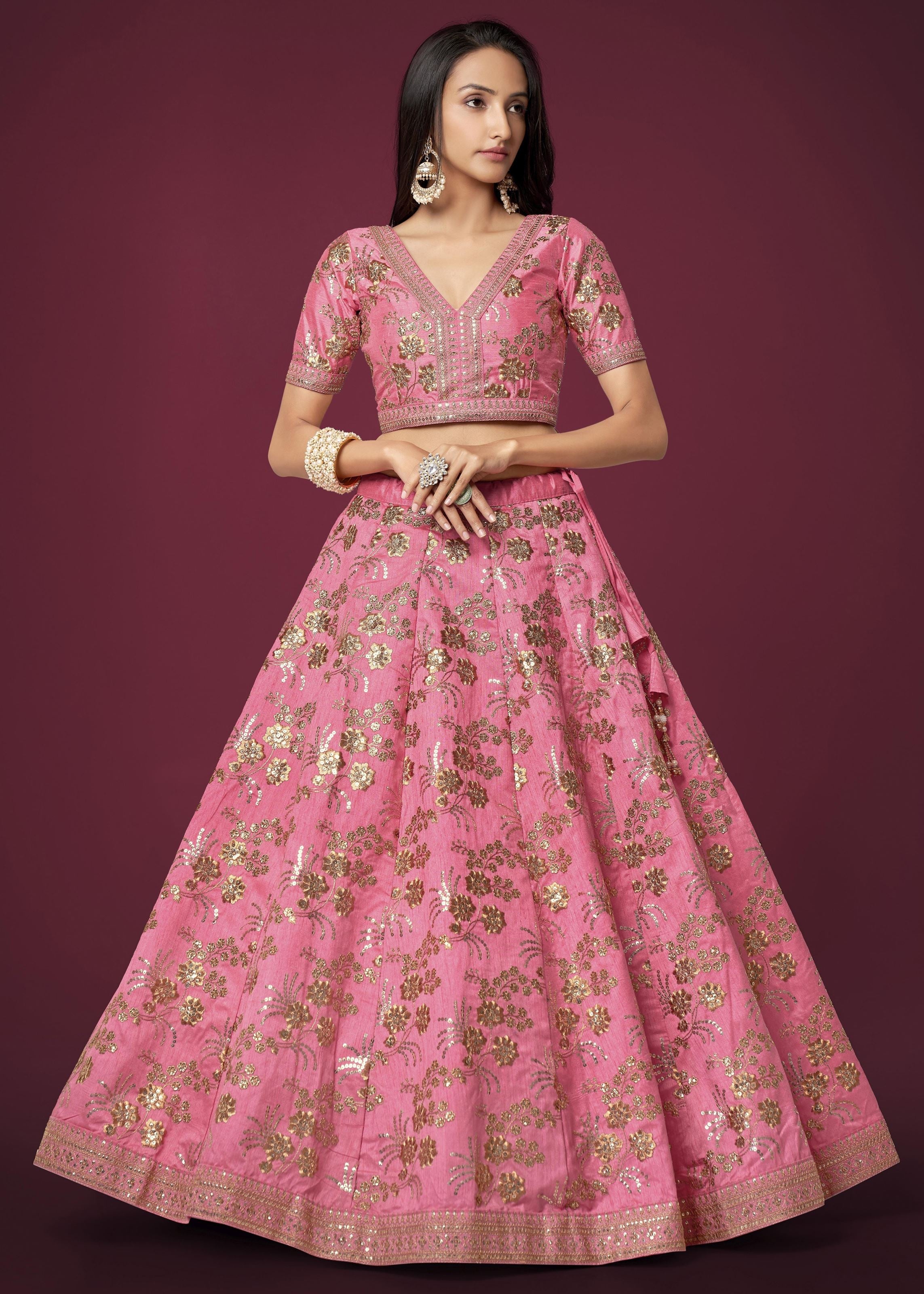 Pink Slub Silk Lehenga Choli With Zari Sequins and Dori Embroidery Work