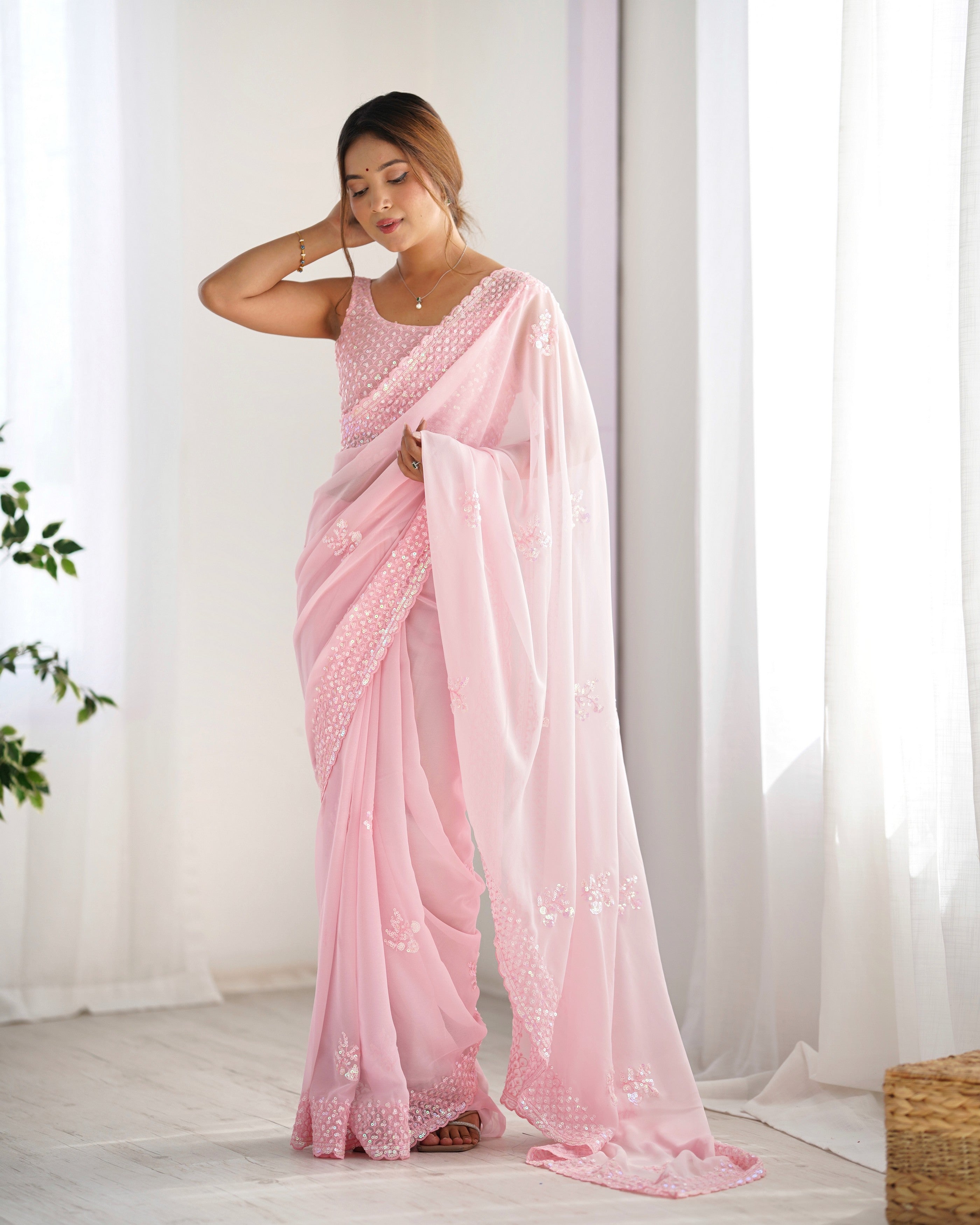 Pink Smart And Sparkling Bollywood Party Style Sequins Work Saree