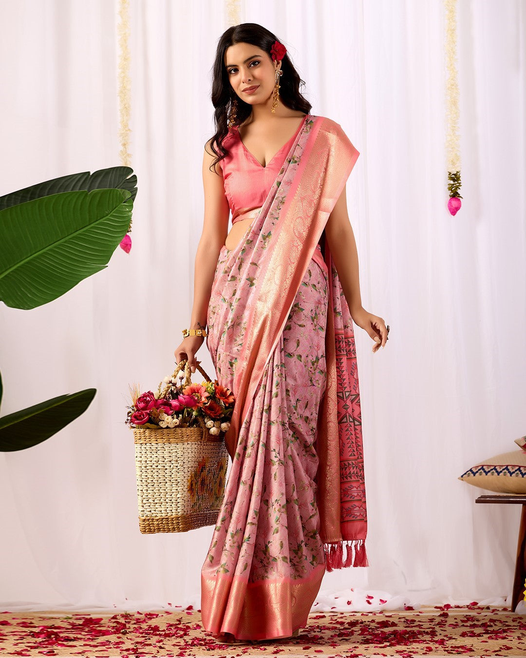Pink Soft Lichi Silk Saree With Digital Printed Festive Premium Saree