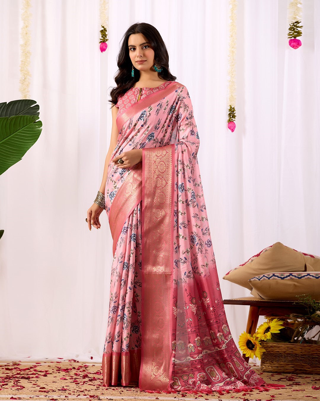 Pink Soft Lichi Silk Saree With Digital Printed Premium Classic Saree