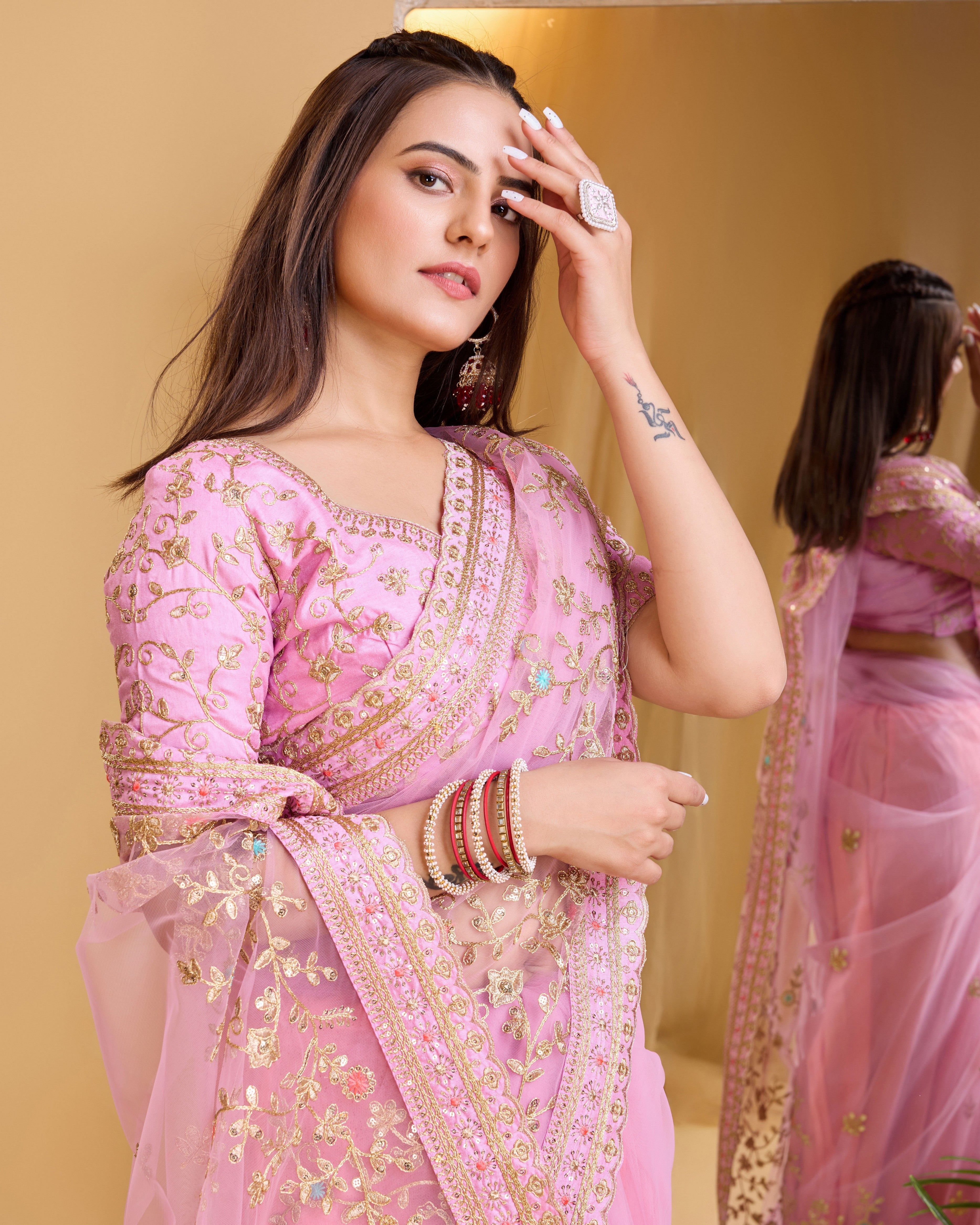 Pink Soft Net Designer Embroidery Work Bollywood Style Saree