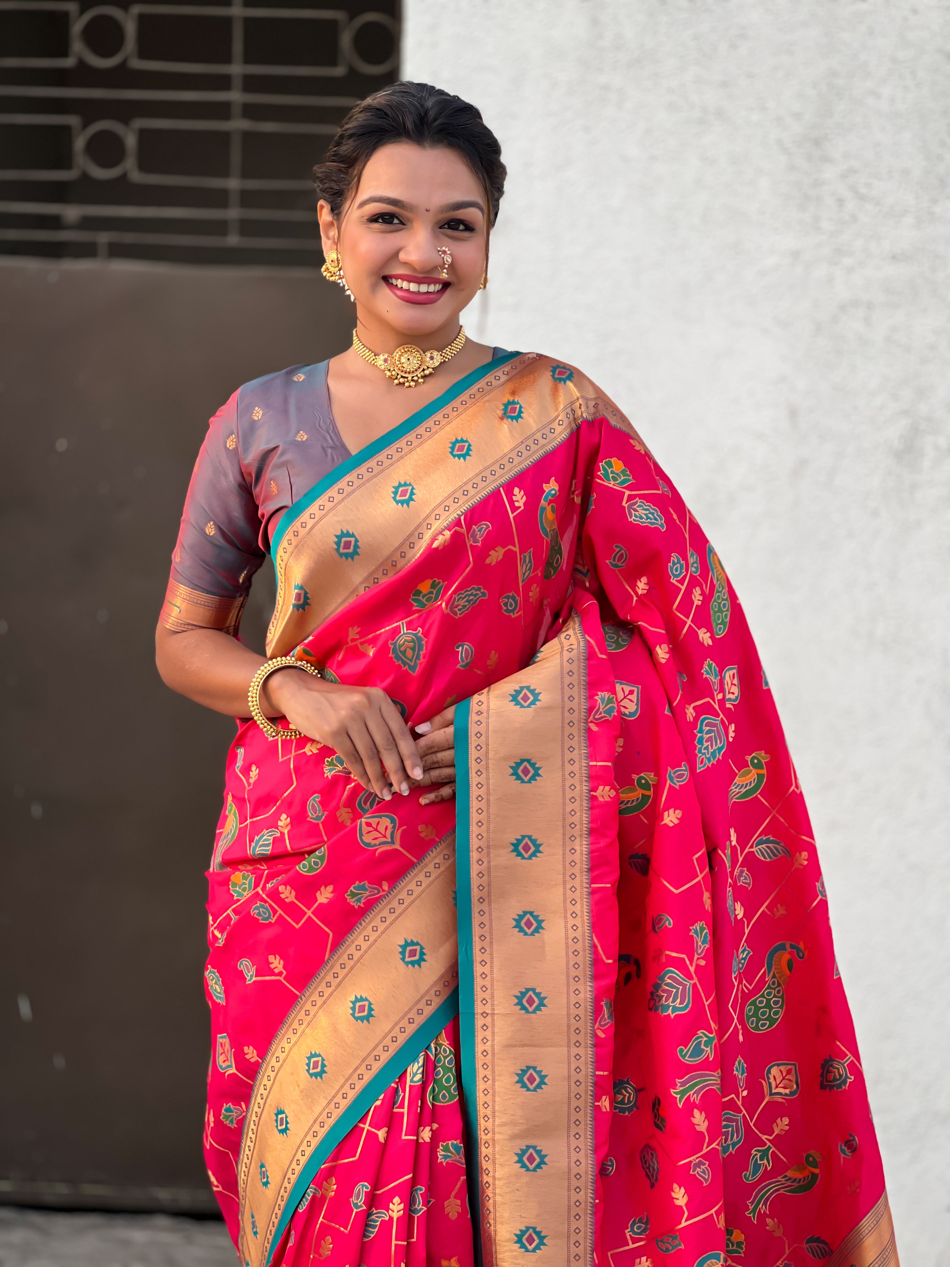 Pink Soft Silk Fabri Woven Paithani Meenakari Designer Ceremonial Saree