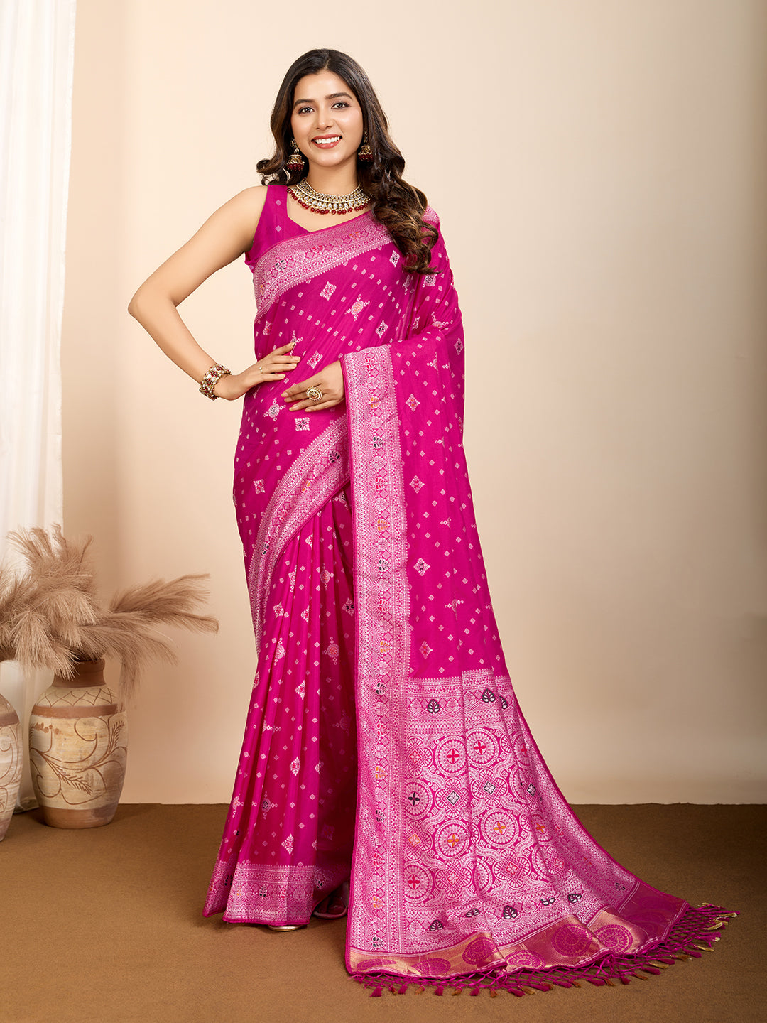 Pink Soft Silk Woven Meenakari Designer Ethnic Saree