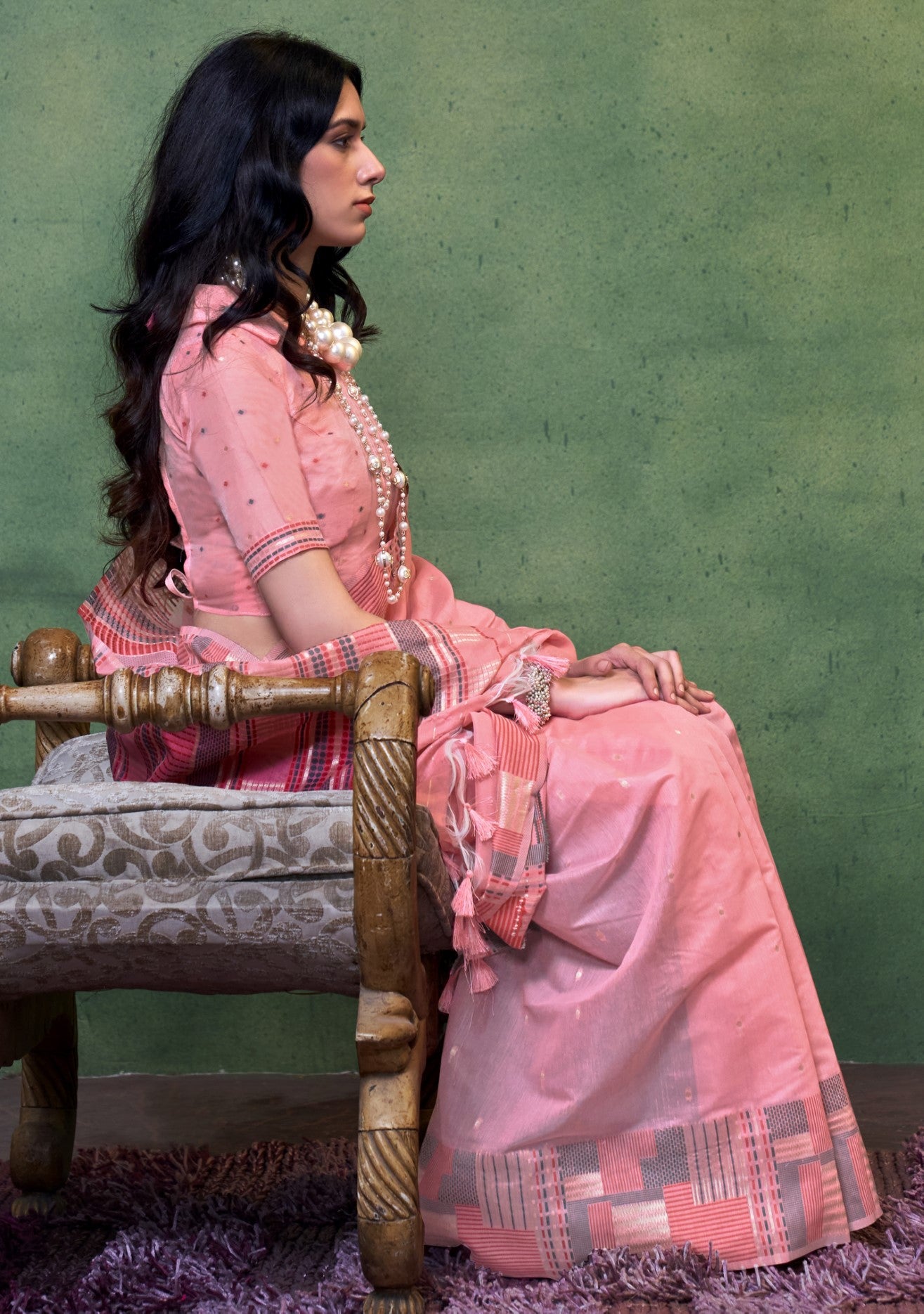 Pink Spun Cotton Saree With Jacquard Woven Work