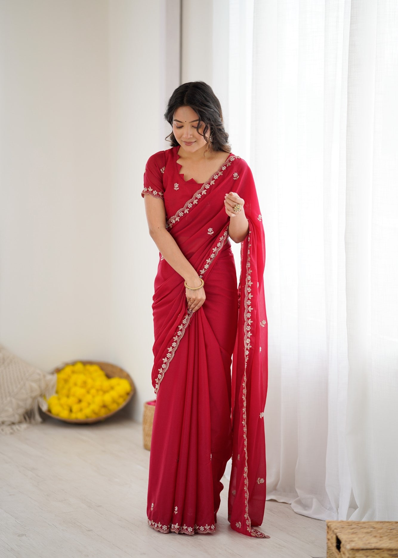 Pink Star Georgette Saree With Embroidery And Moti Work With Blouse