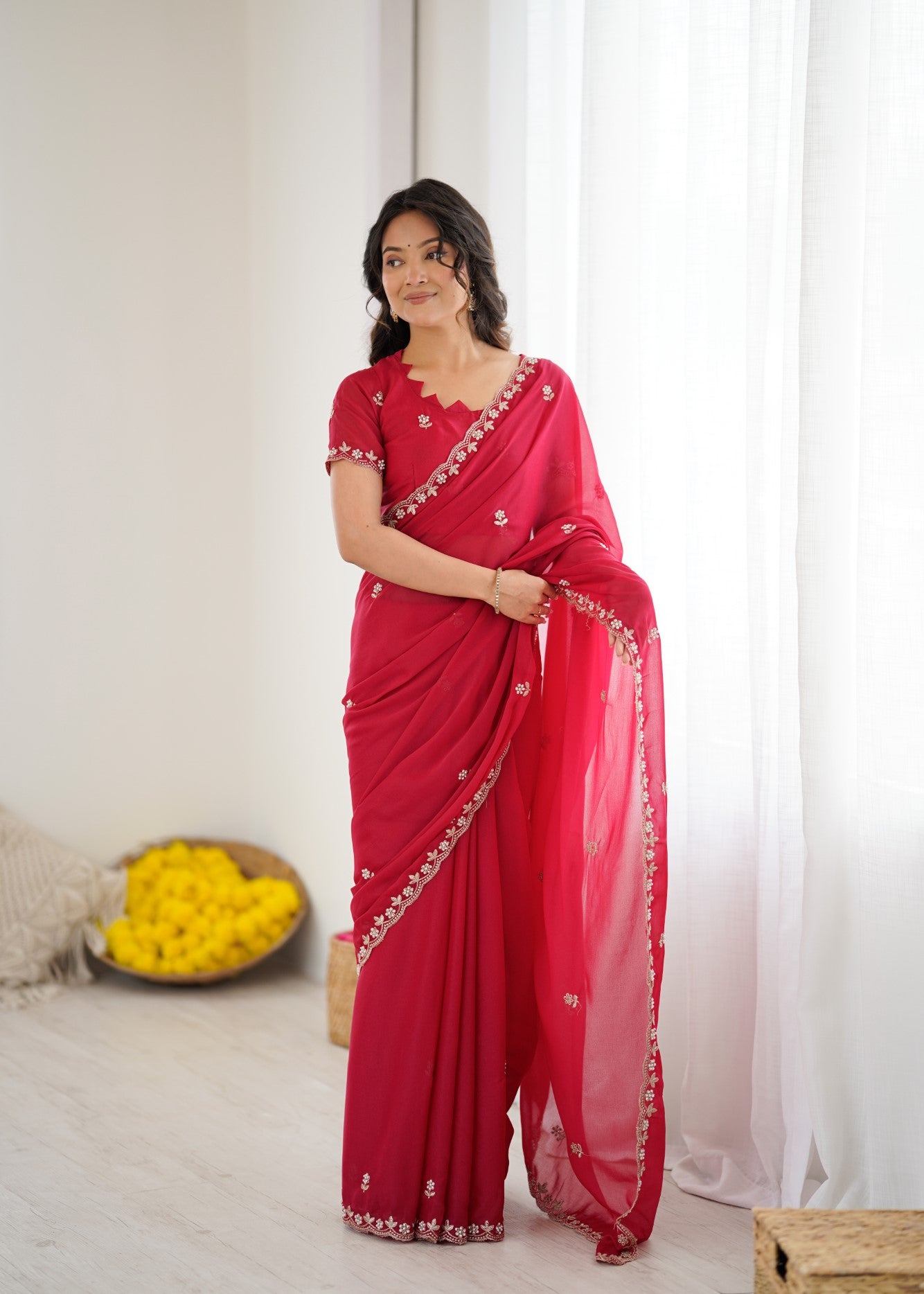 Pink Star Georgette Saree With Embroidery And Moti Work With Blouse