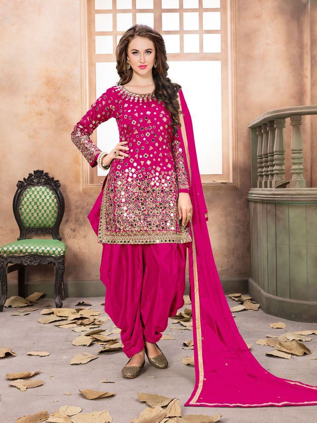 Pink Taffeta Silk embroidered Patiala Suits