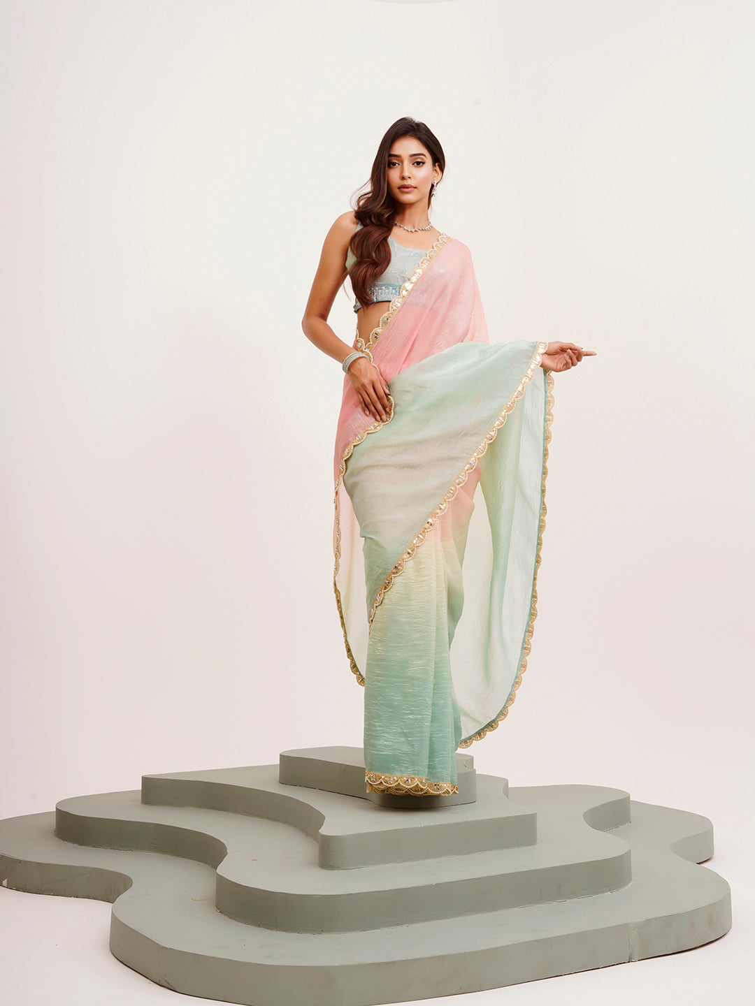 Pink Tissue Embellished Sequinned Work Fancy Saree