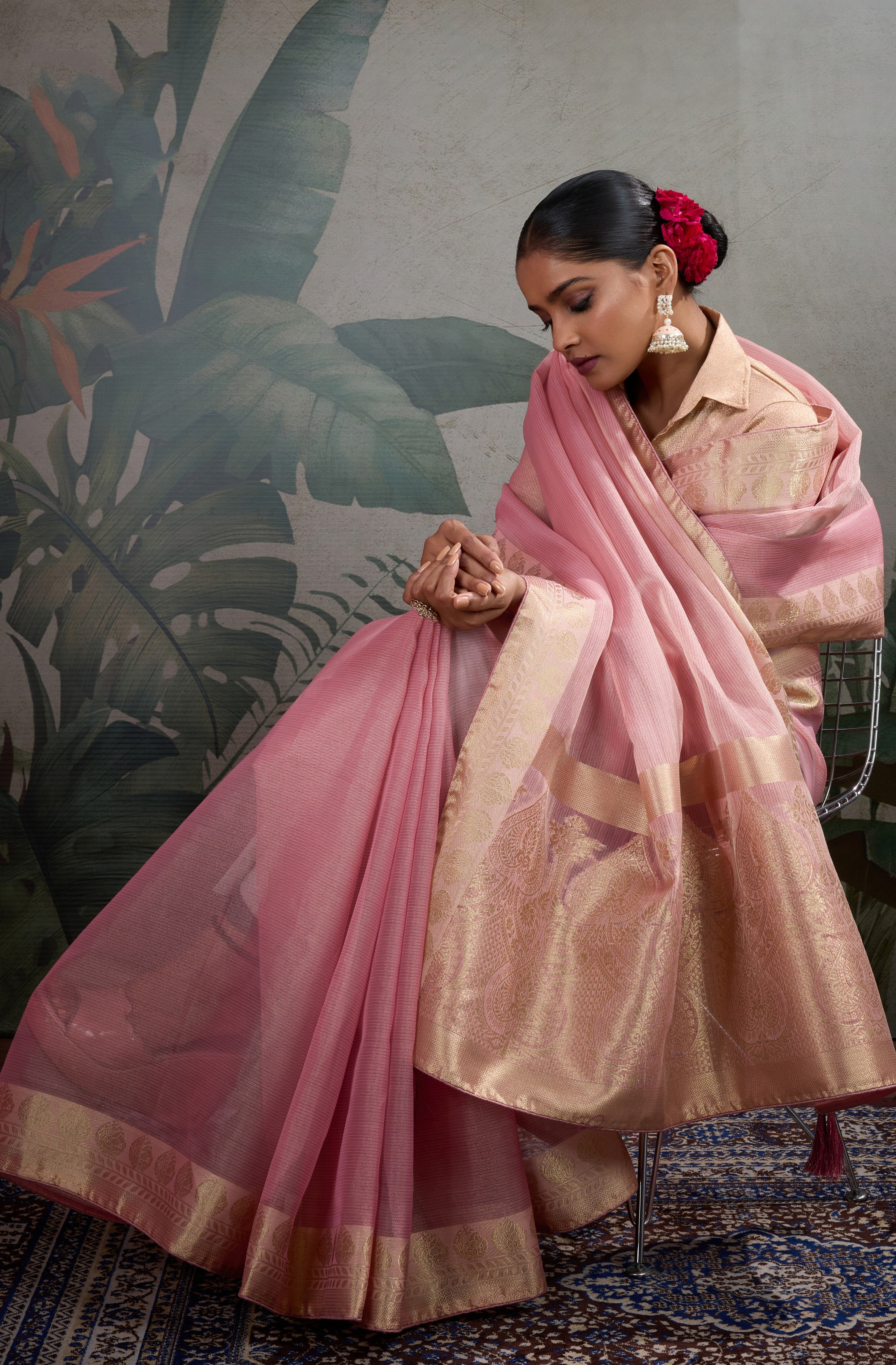 Pink Tissue Saree with Woven Patta Work