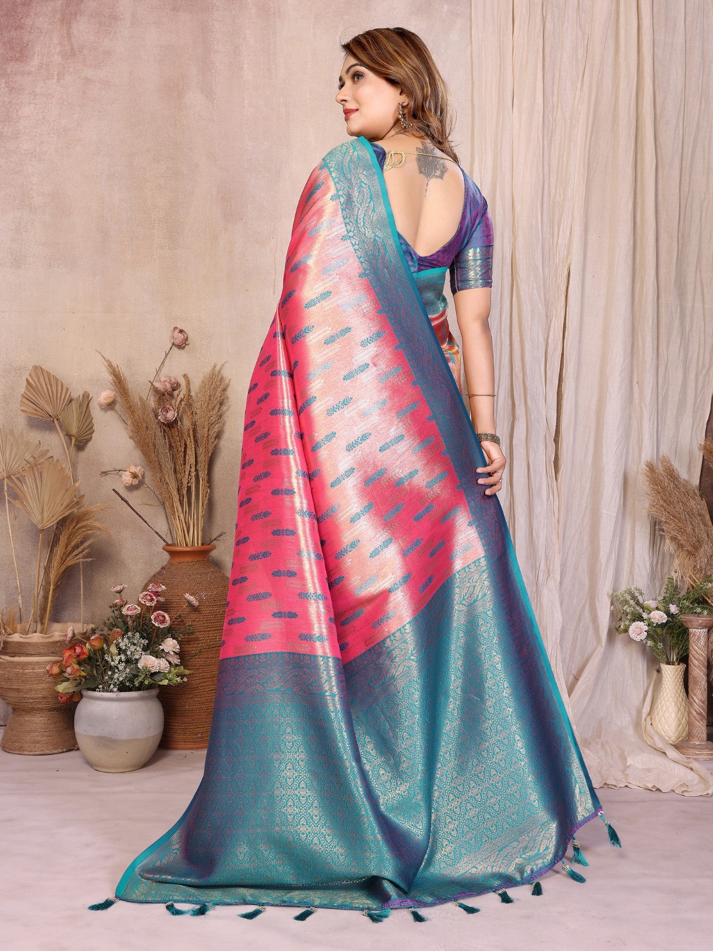 Pink Tissue Silk Saree With Paithani Woven