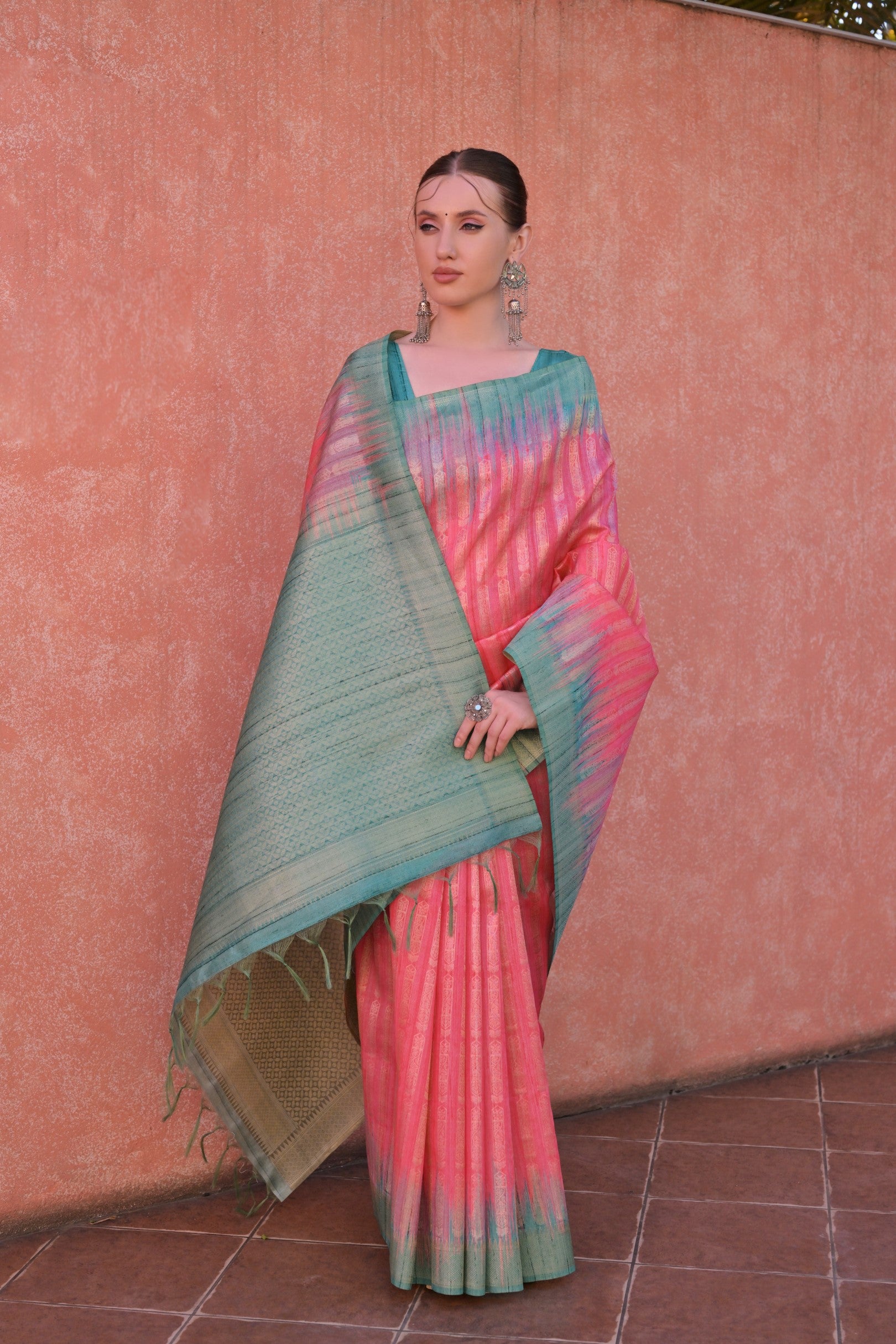 Pink Tussar Silk Saree with Ethnic Motifs and Contrast Pallu