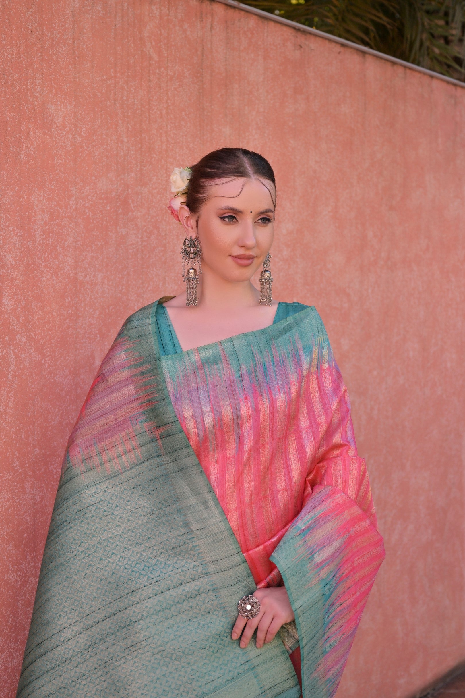 Pink Tussar Silk Saree with Ethnic Motifs and Contrast Pallu
