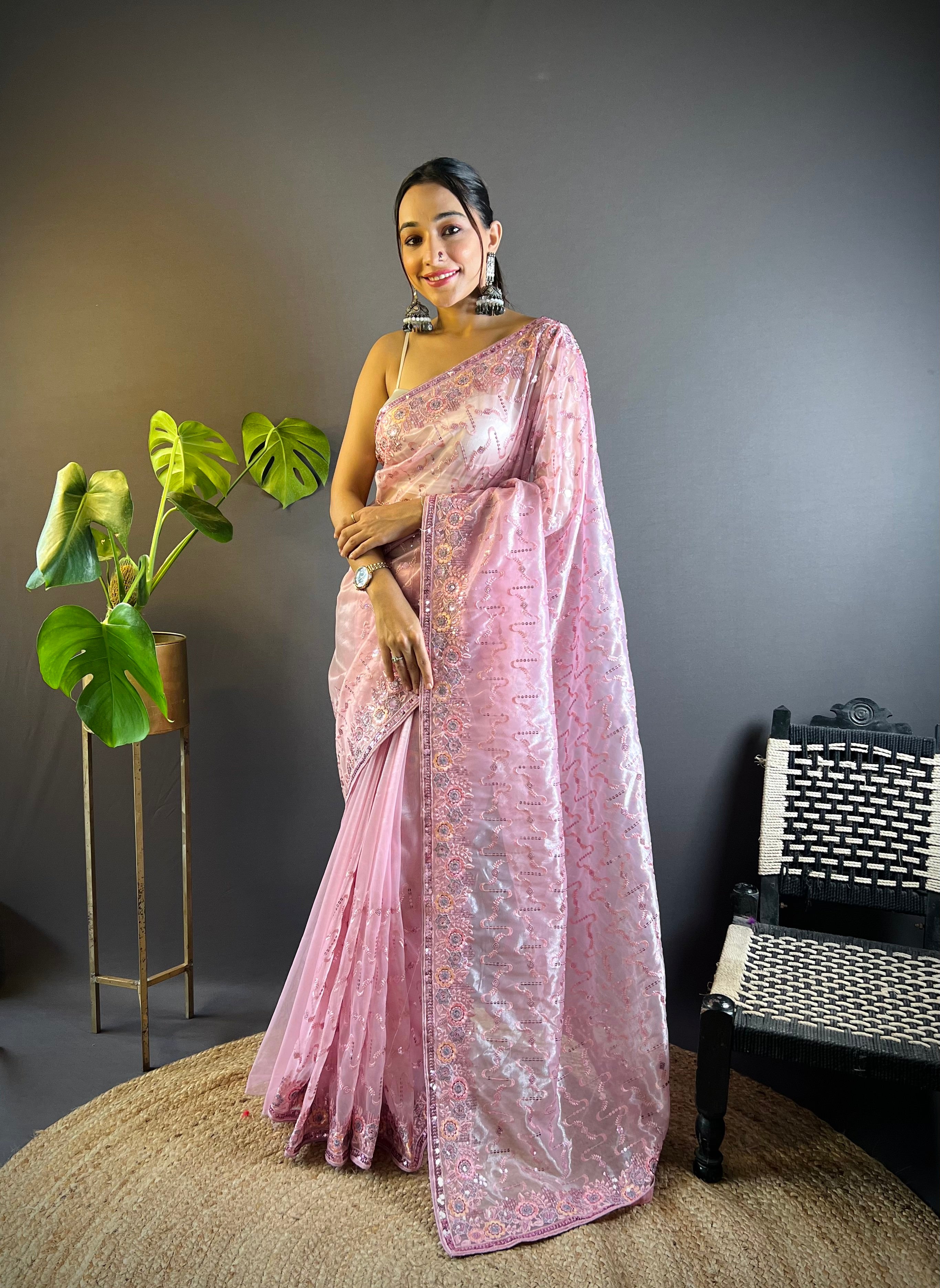 Pink Twill Net Fabric Designer Girlie Saree With Trendy Embroidered Saree