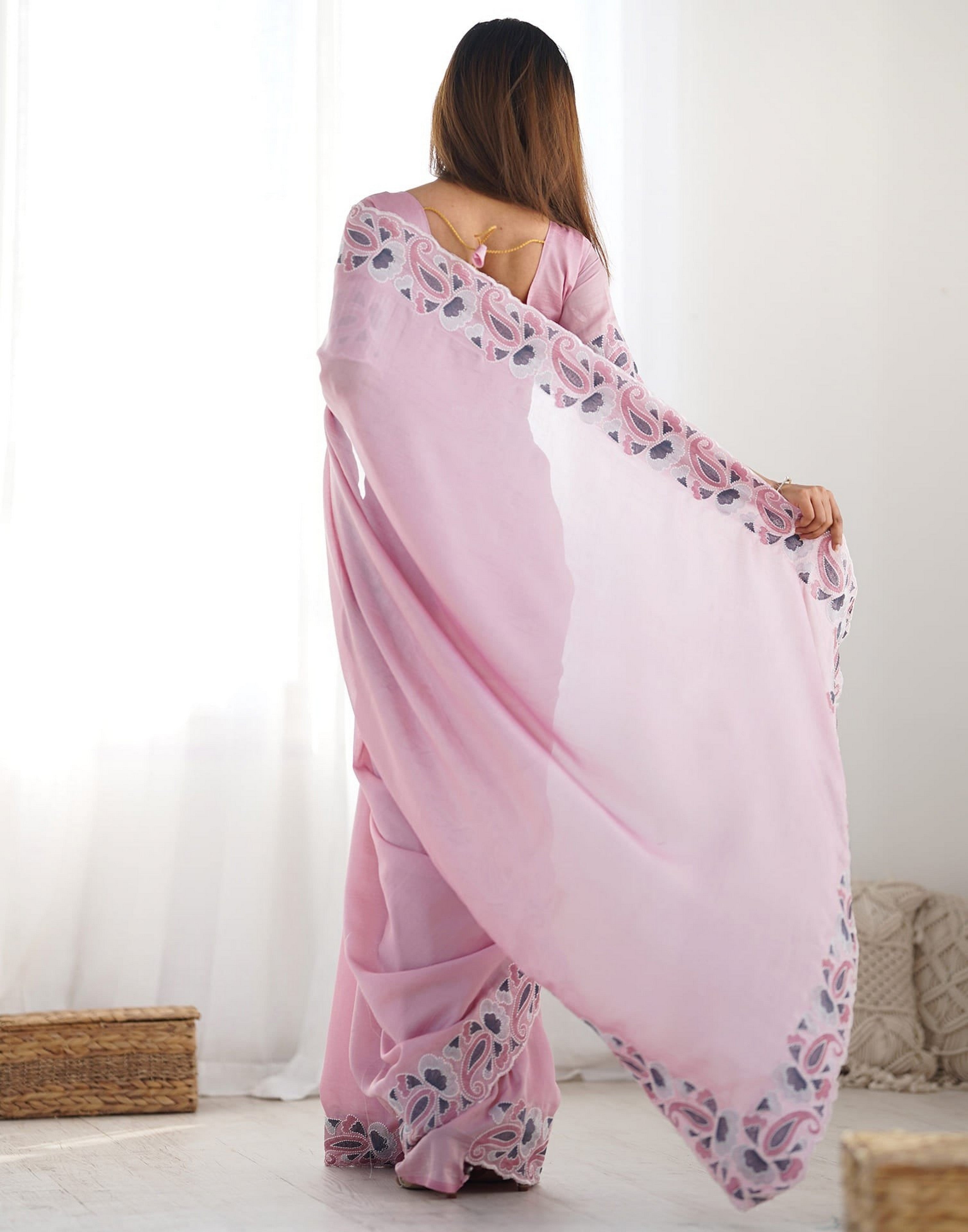 Pink Vichitra Silk Glamorous Ethnic Wedding Wear Saree