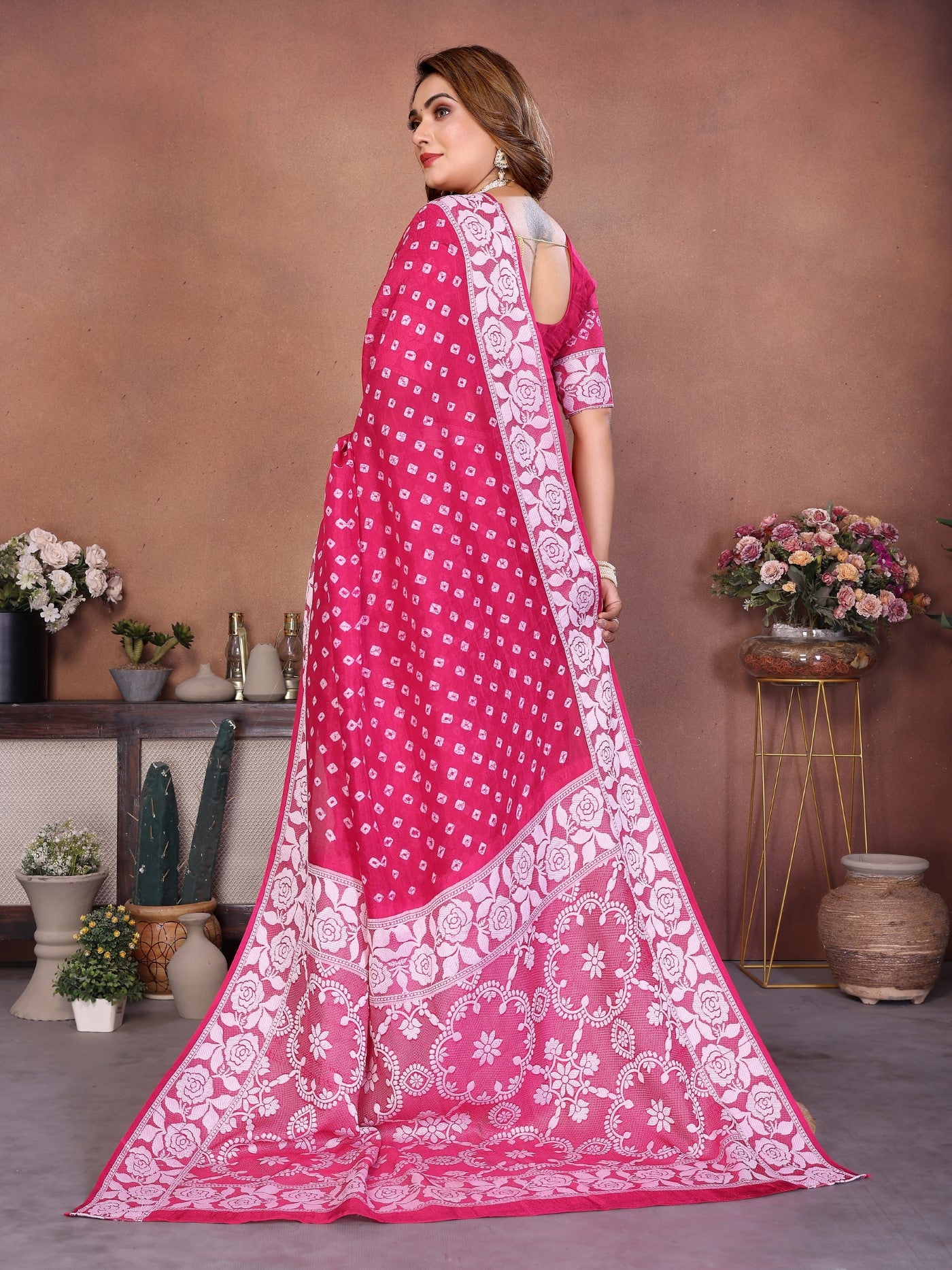 Pink Viscose Silk Saree With Handmade Original Bandhej