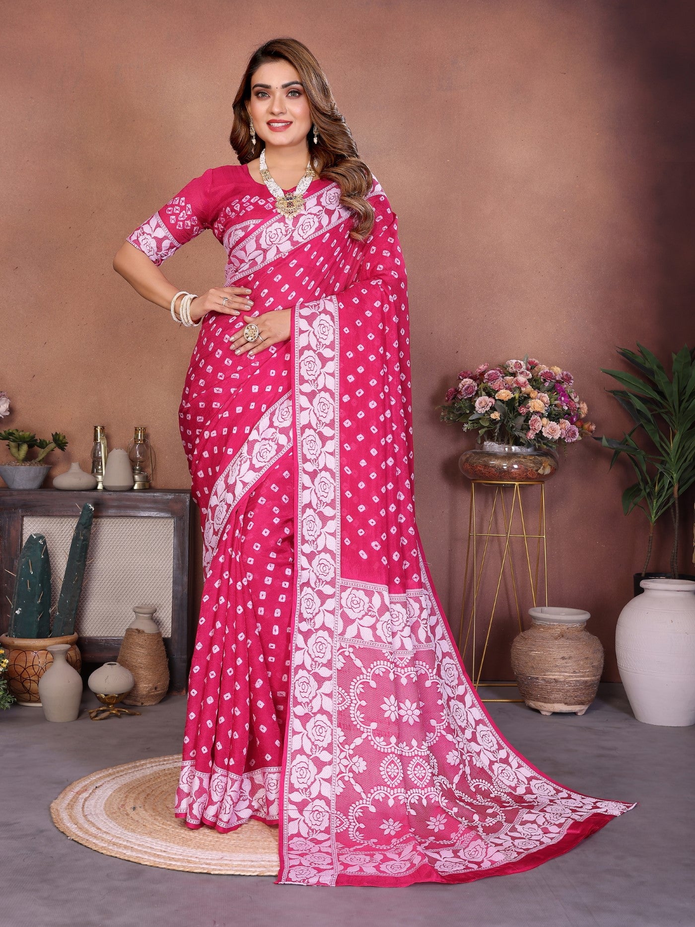 Pink Viscose Silk Saree With Handmade Original Bandhej
