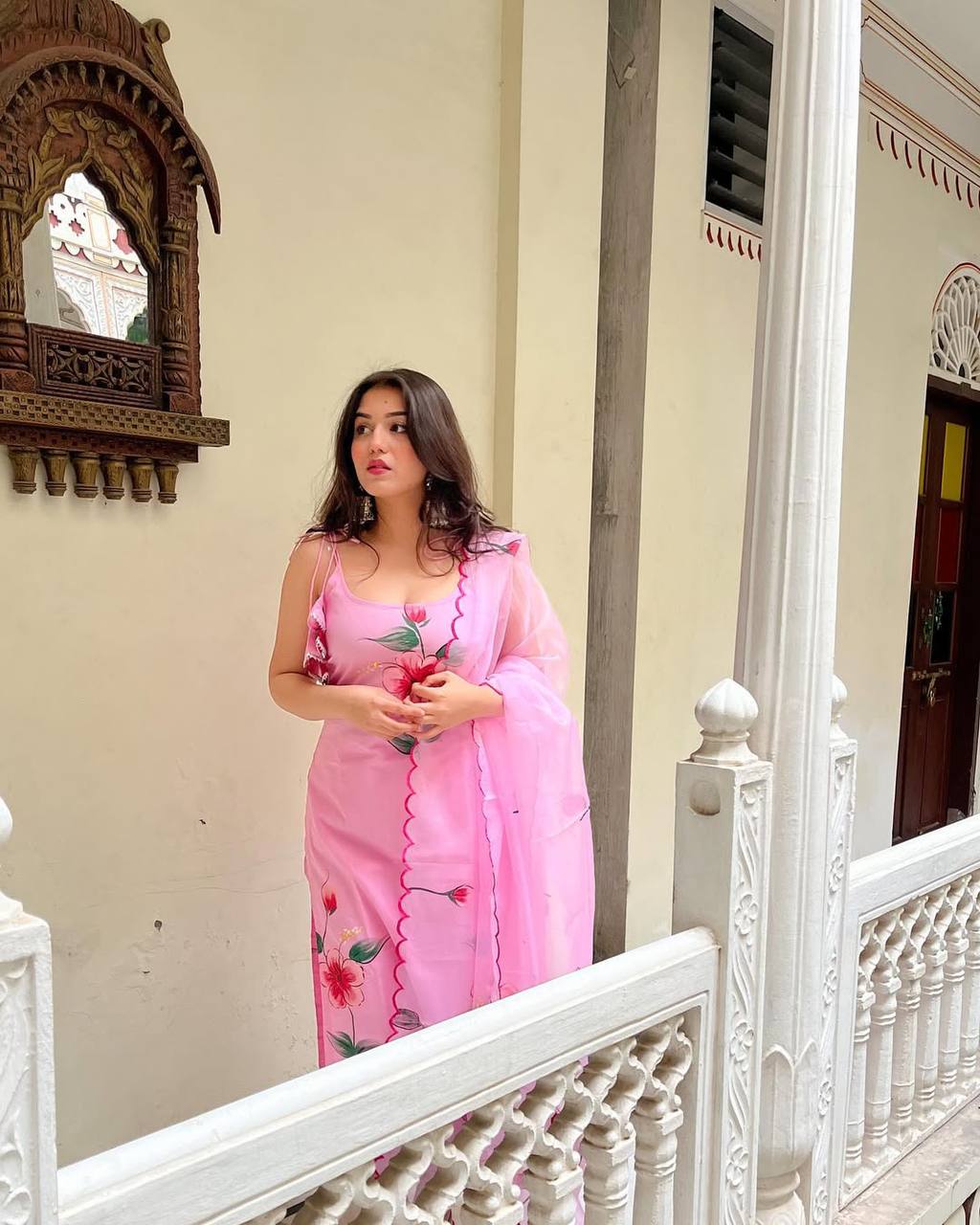 Pink Viscose Twill Kurta Pant Set Printed