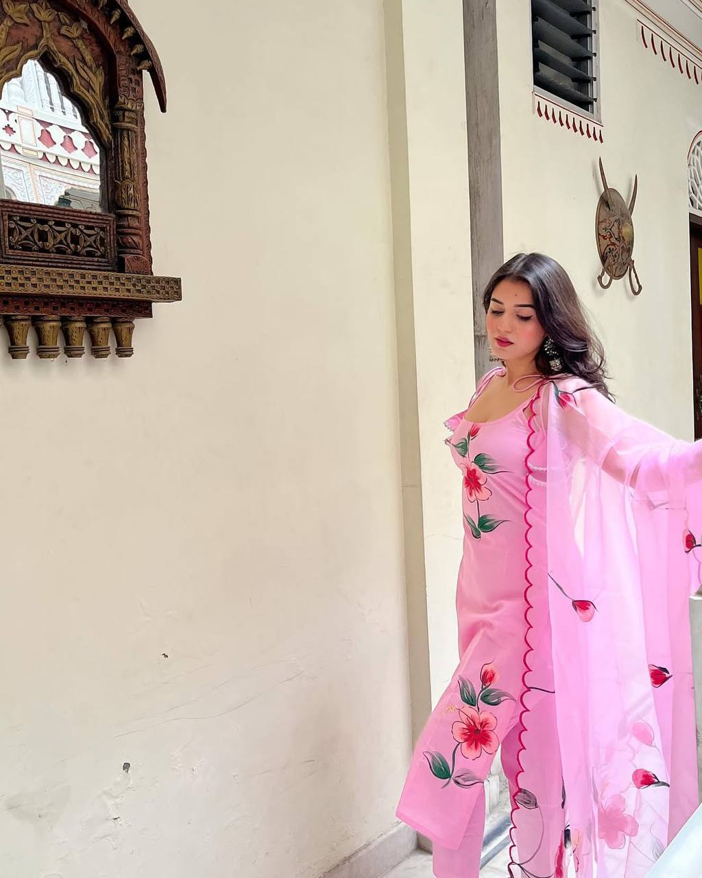 Pink Viscose Twill Kurta Pant Set Printed
