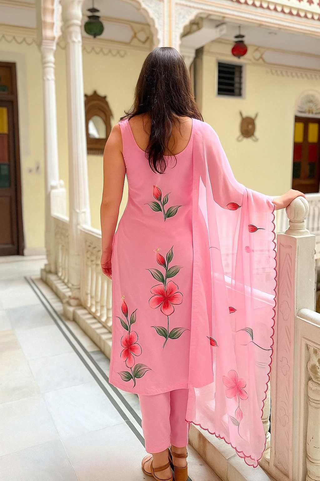 Pink Viscose Twill Kurta Pant Set Printed