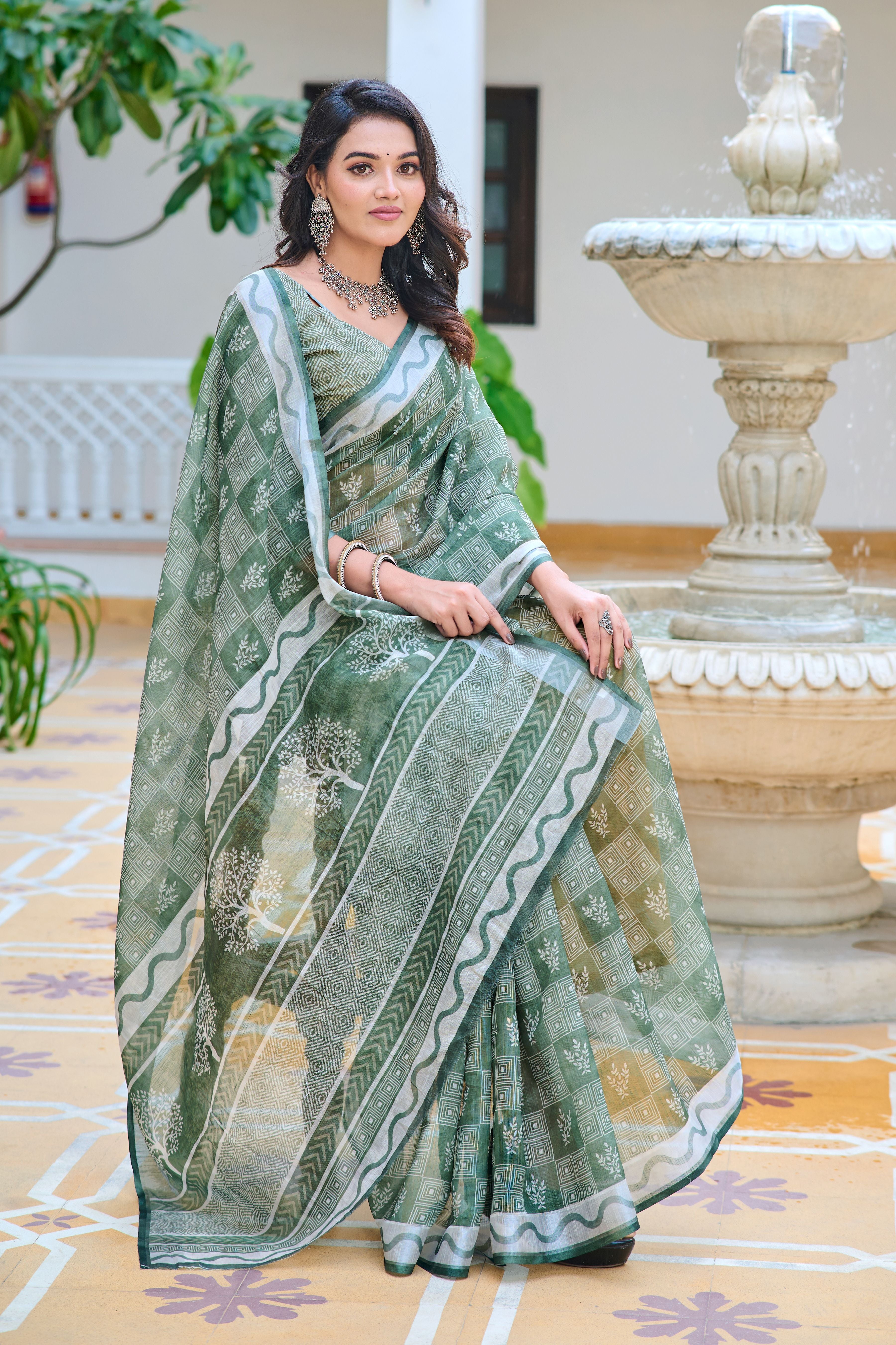 Pista Beautiful Linen Cotton Designer Festive Wear Saree