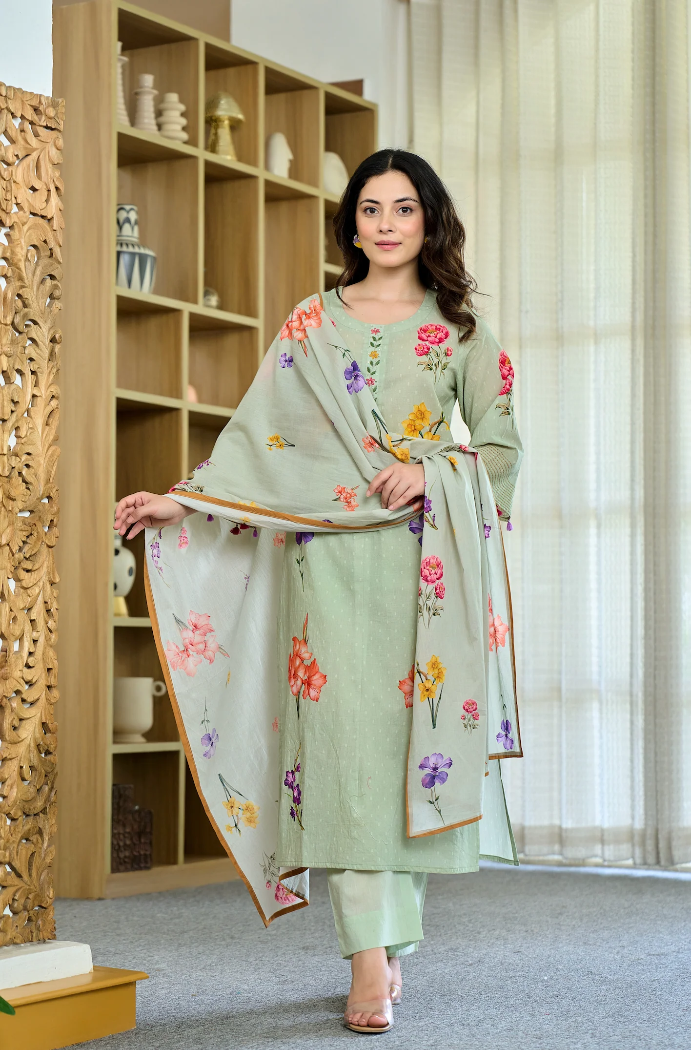 Pista Chanderi Butti Kurta Pant Set Printed